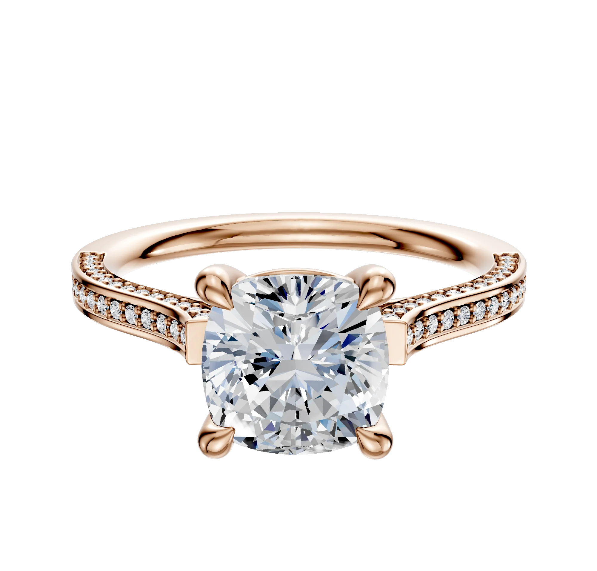 14K Rose Gold 4 Prong Basket Cathedral Flat 3-Row-Pave 2.0mm Engagement Ring