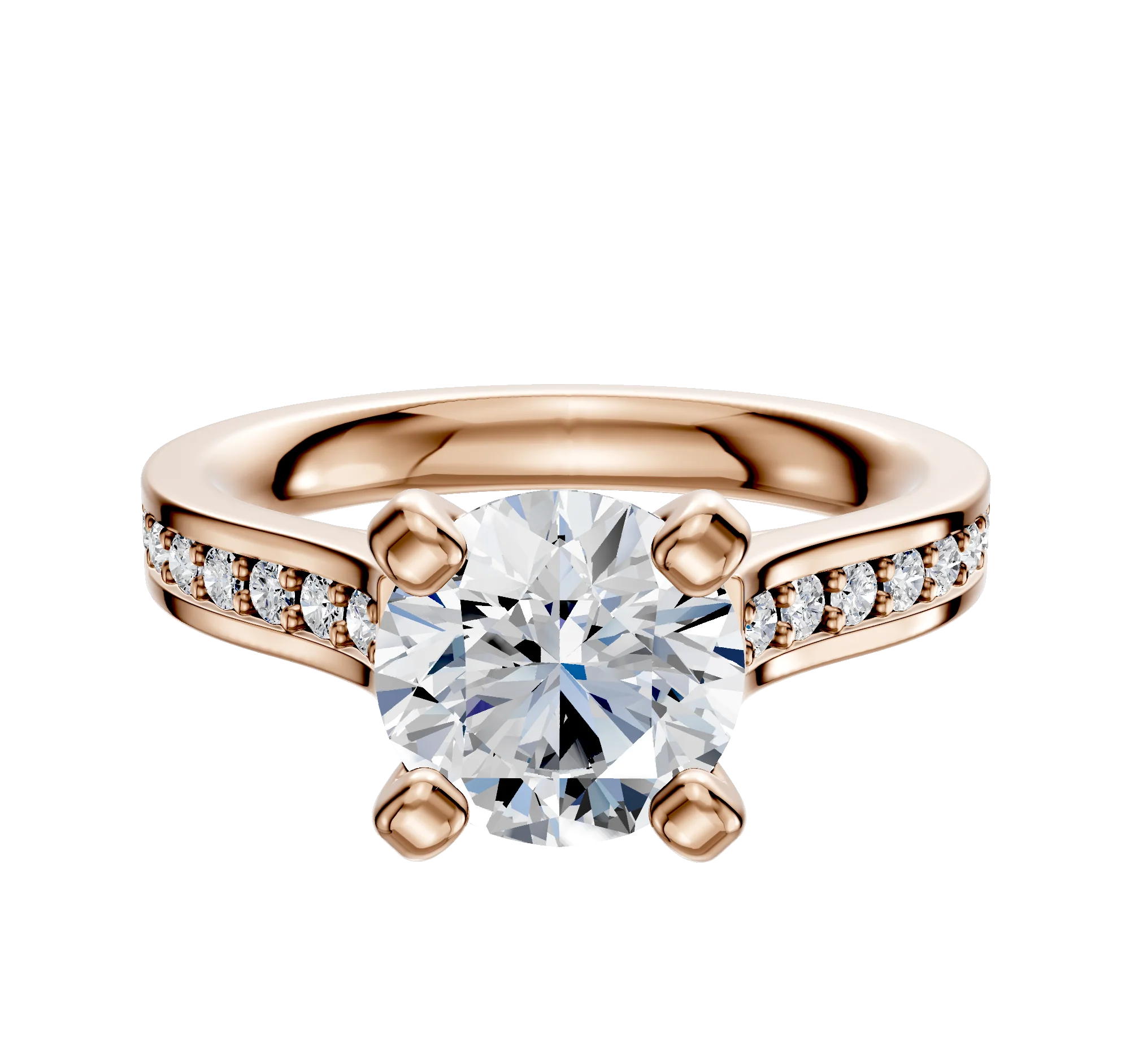 14K Rose Gold 4 Prong Cathedral Flat 1-Row-Pave 2.5mm Engagement Ring