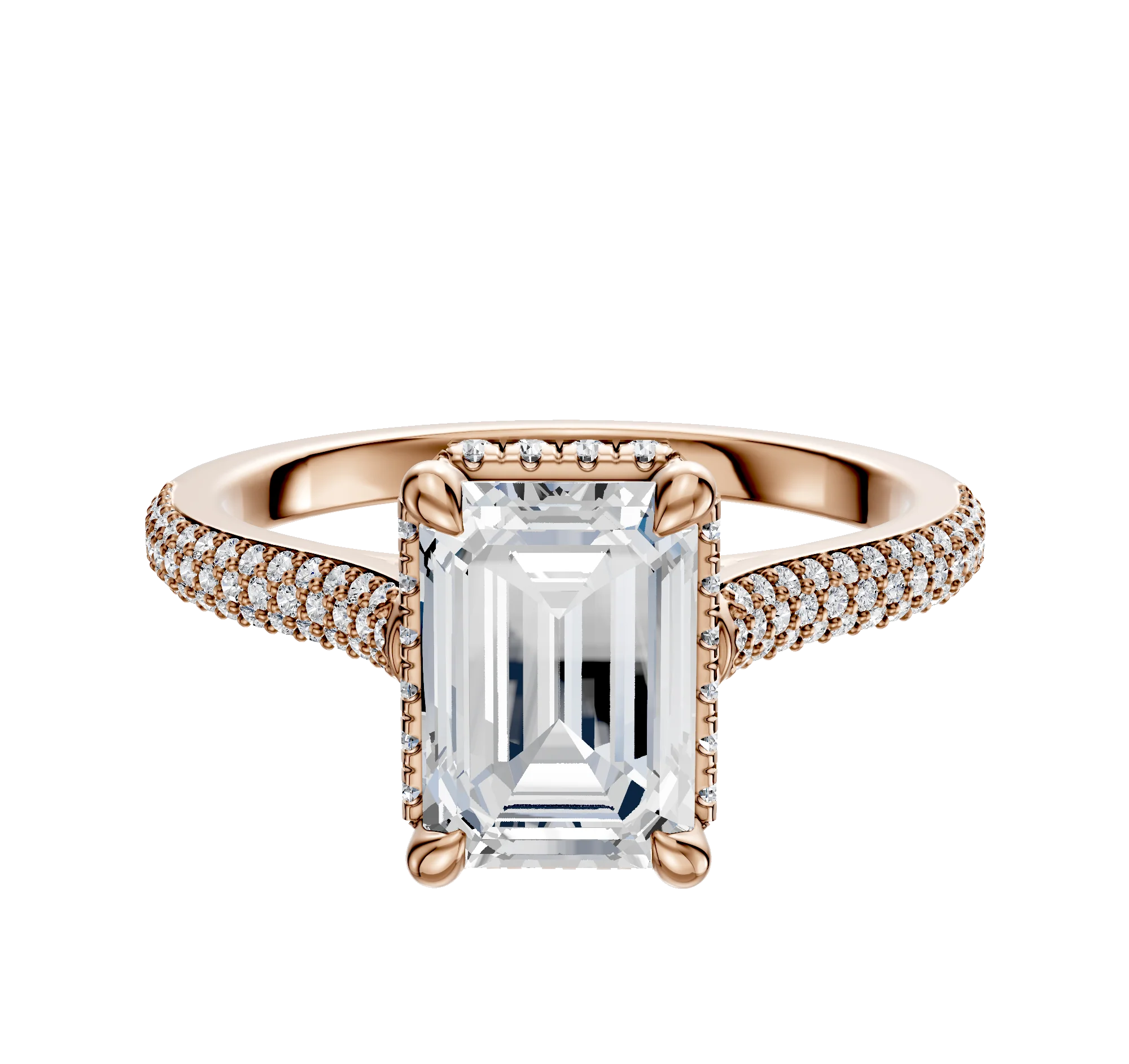 14K Rose Gold 4 Prong Collar Cathedral Dome 3-Row-Pave 2.0mm Engagement Ring