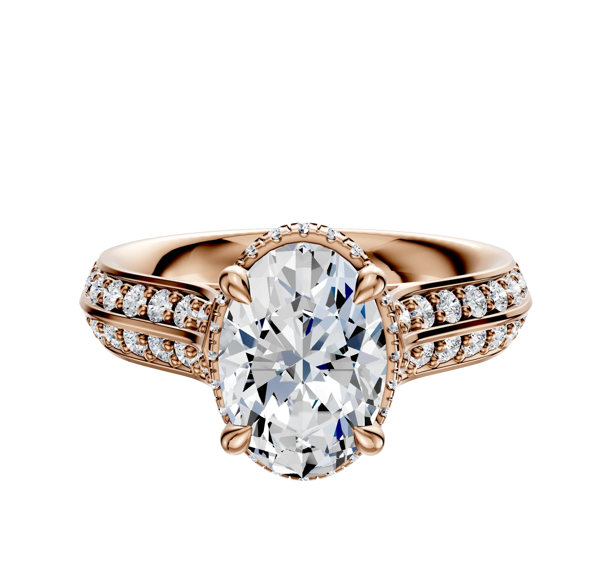 14K Rose Gold 4 Prong Collar Cathedral Knife Edge 1-Row-Pave 2.5mm Engagement Ring