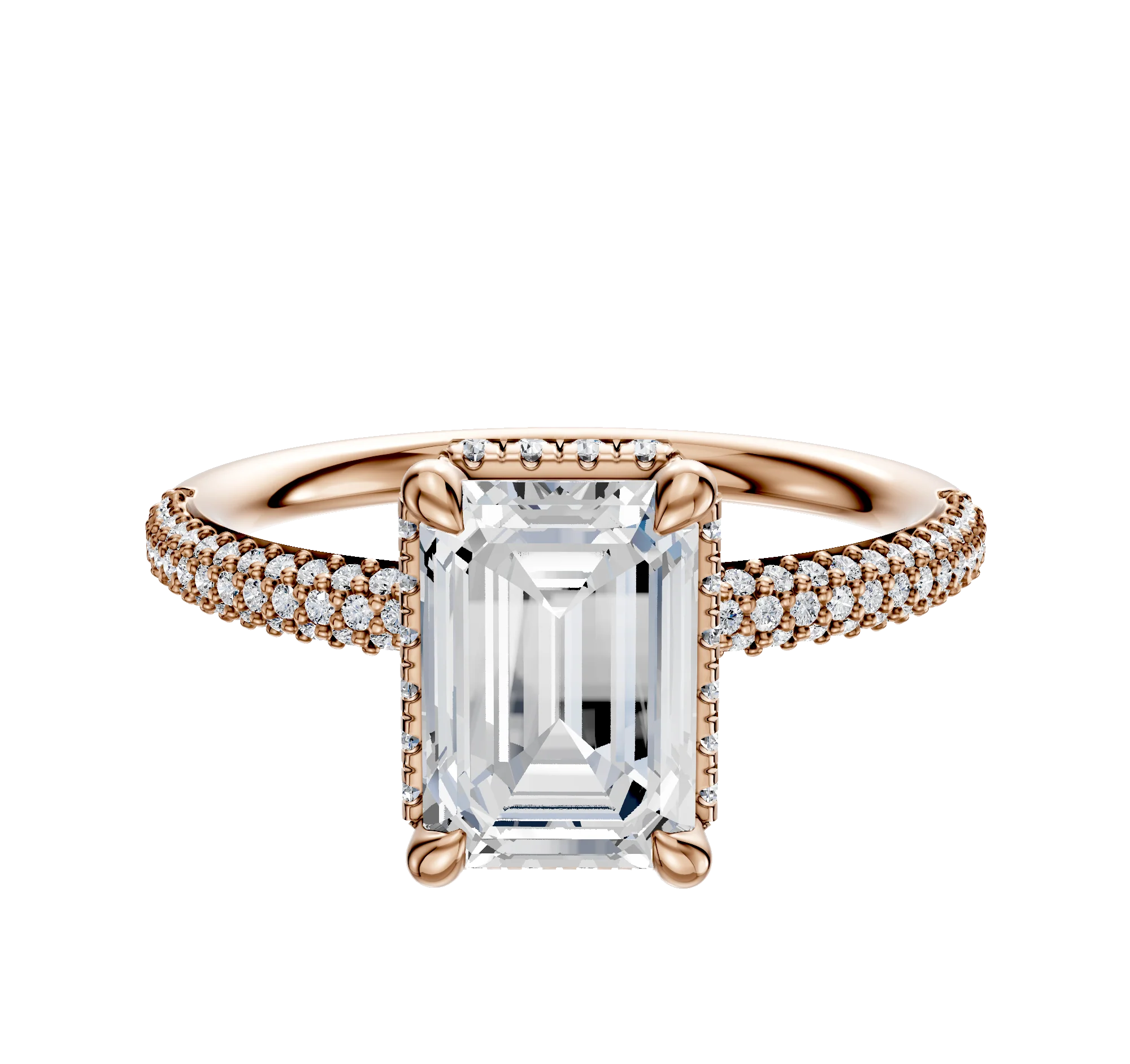 14K Rose Gold 4 Prong Collar Classic Dome 3-Row-Pave 2.0mm Engagement Ring