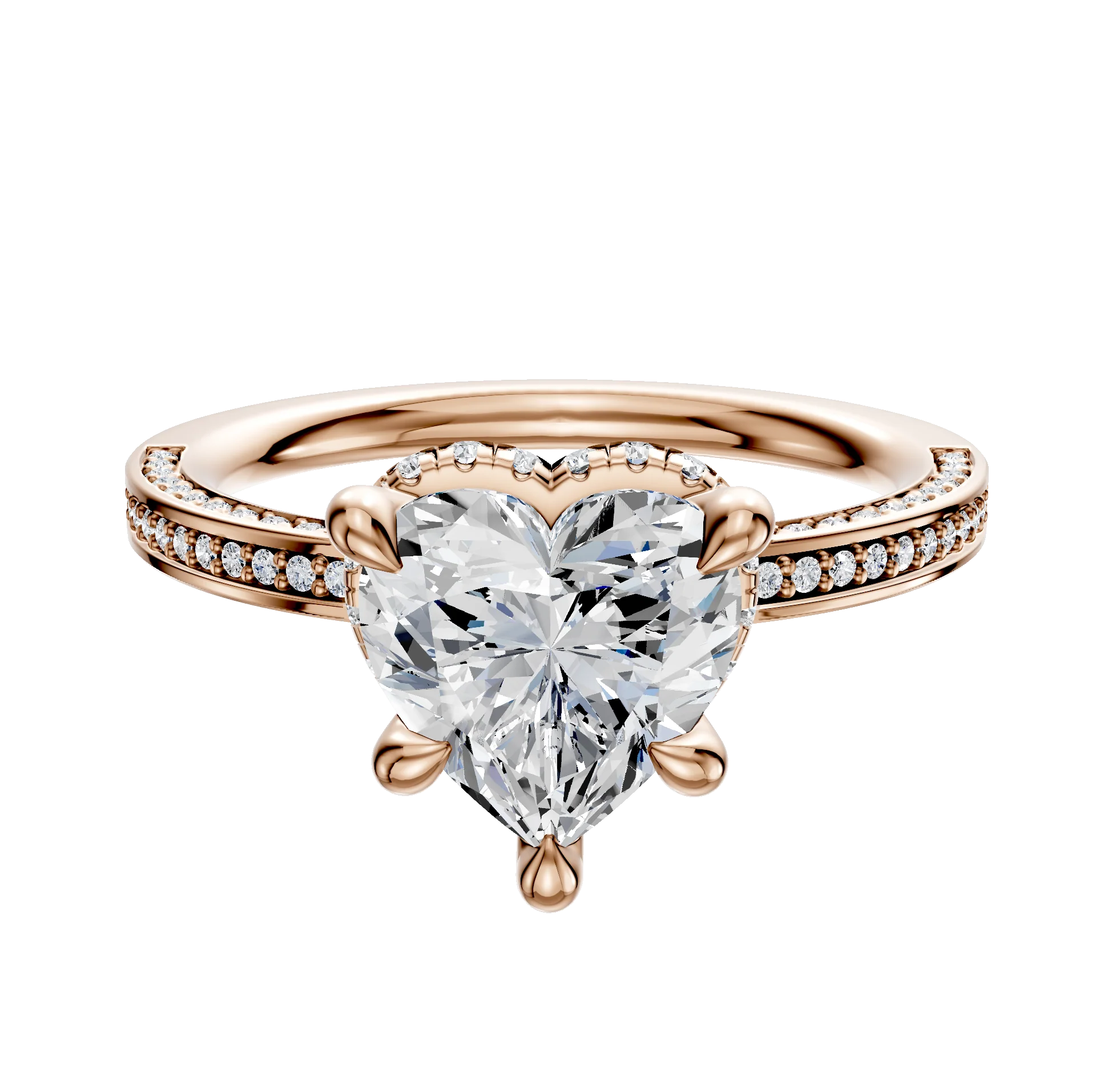 14K Rose Gold 4 Prong Collar Classic Flat 3-Row-Pave 2.0mm Engagement Ring