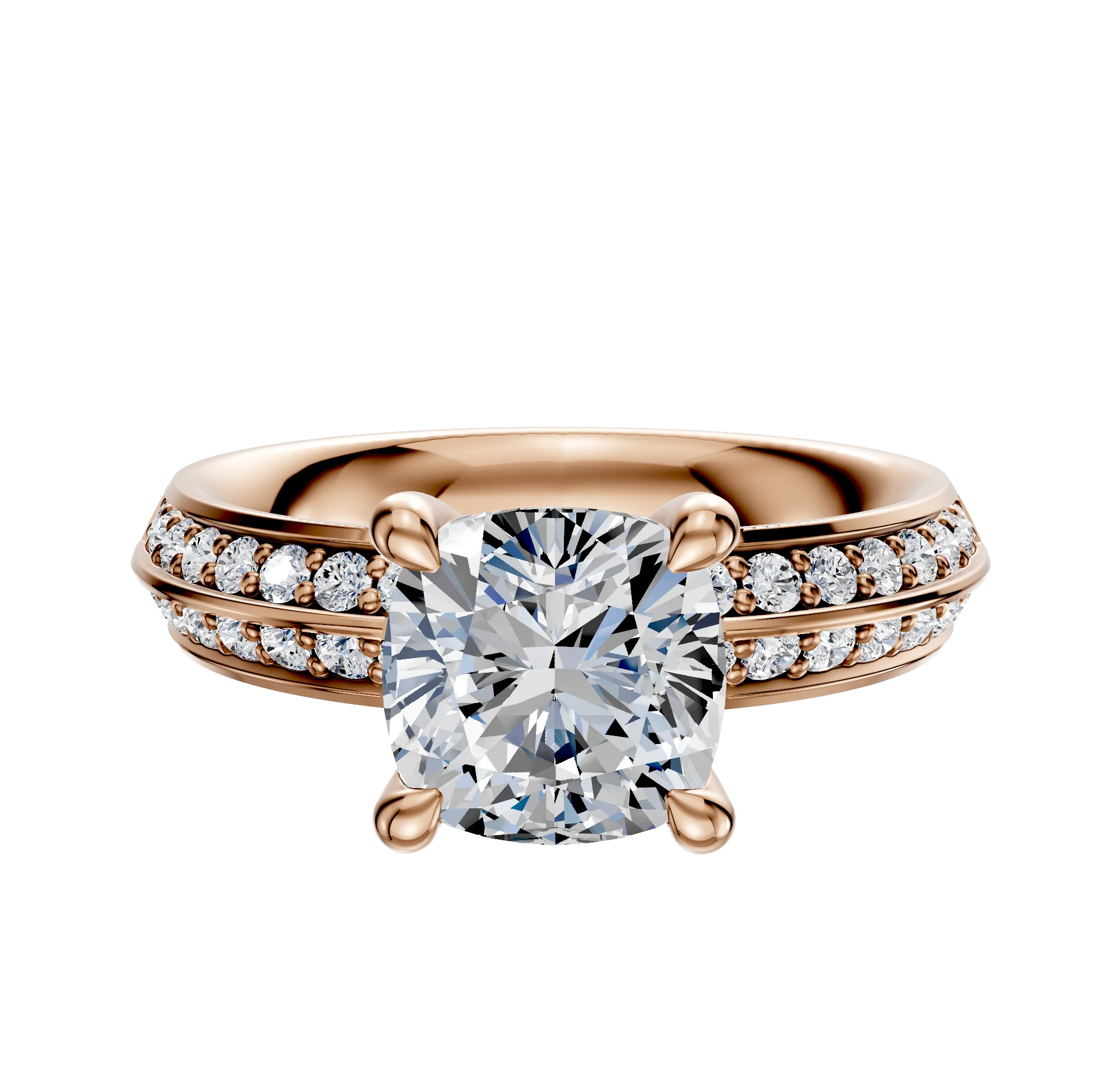 14K Rose Gold 4 Prong Hidden Halo Classic Knife Edge 1-Row-Pave 2.5mm Engagement Ring