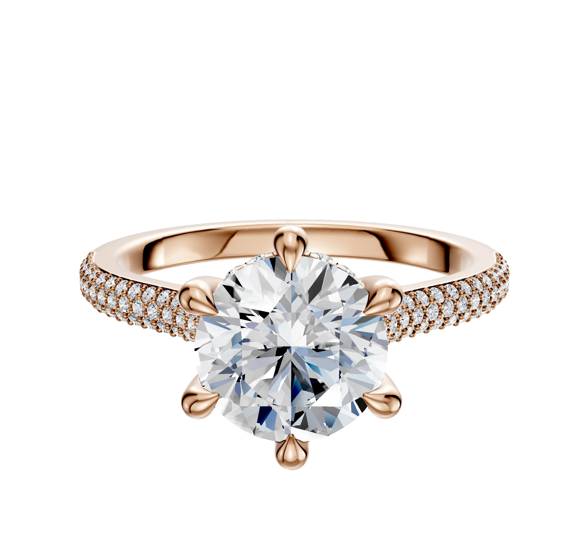 14K Rose Gold 6 Prong Hidden Halo Cathedral Dome 3-Row-Pave 2.0mm Engagement Ring
