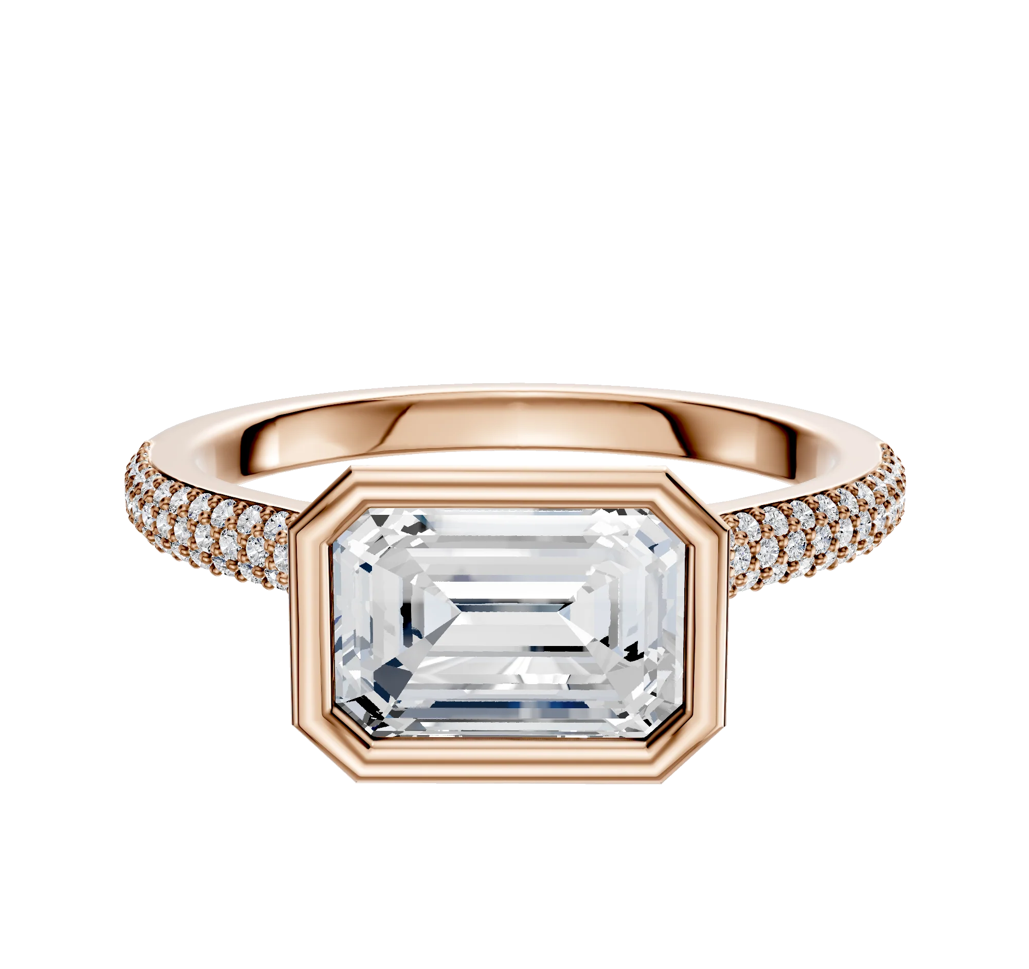 14K Rose Gold Bezel Full Bezel East/West Cathedral Dome 3-Row-Pave 2.0mm Engagement Ring