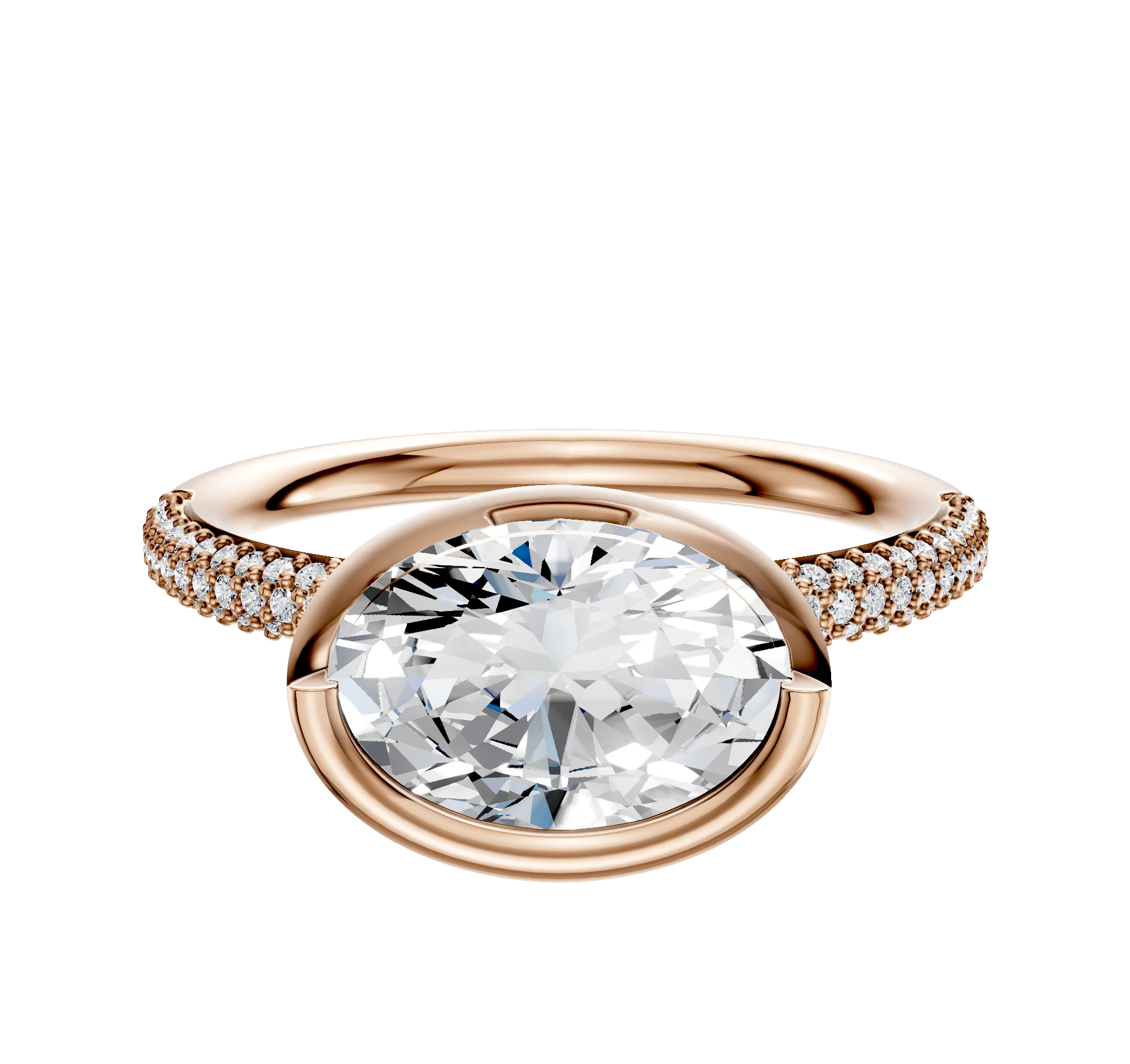 14K Rose Gold Bezel Full Bezel East/West Classic Dome 3-Row-Pave 2.0mm Engagement Ring