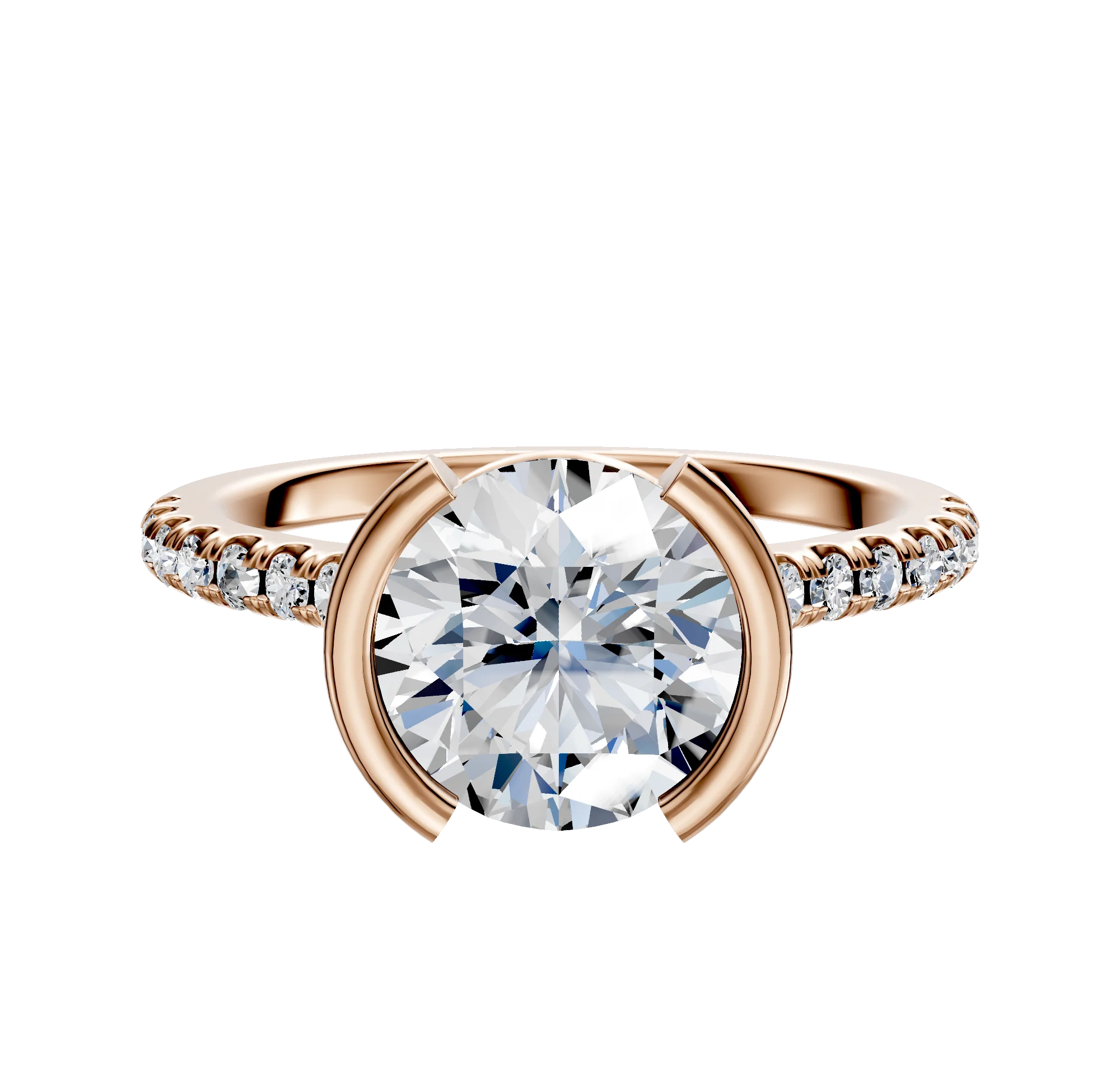 14K Rose Gold Bezel Half Bezel North/South Cathedral Dome 1-Row-Pave 2.5mm Engagement Ring