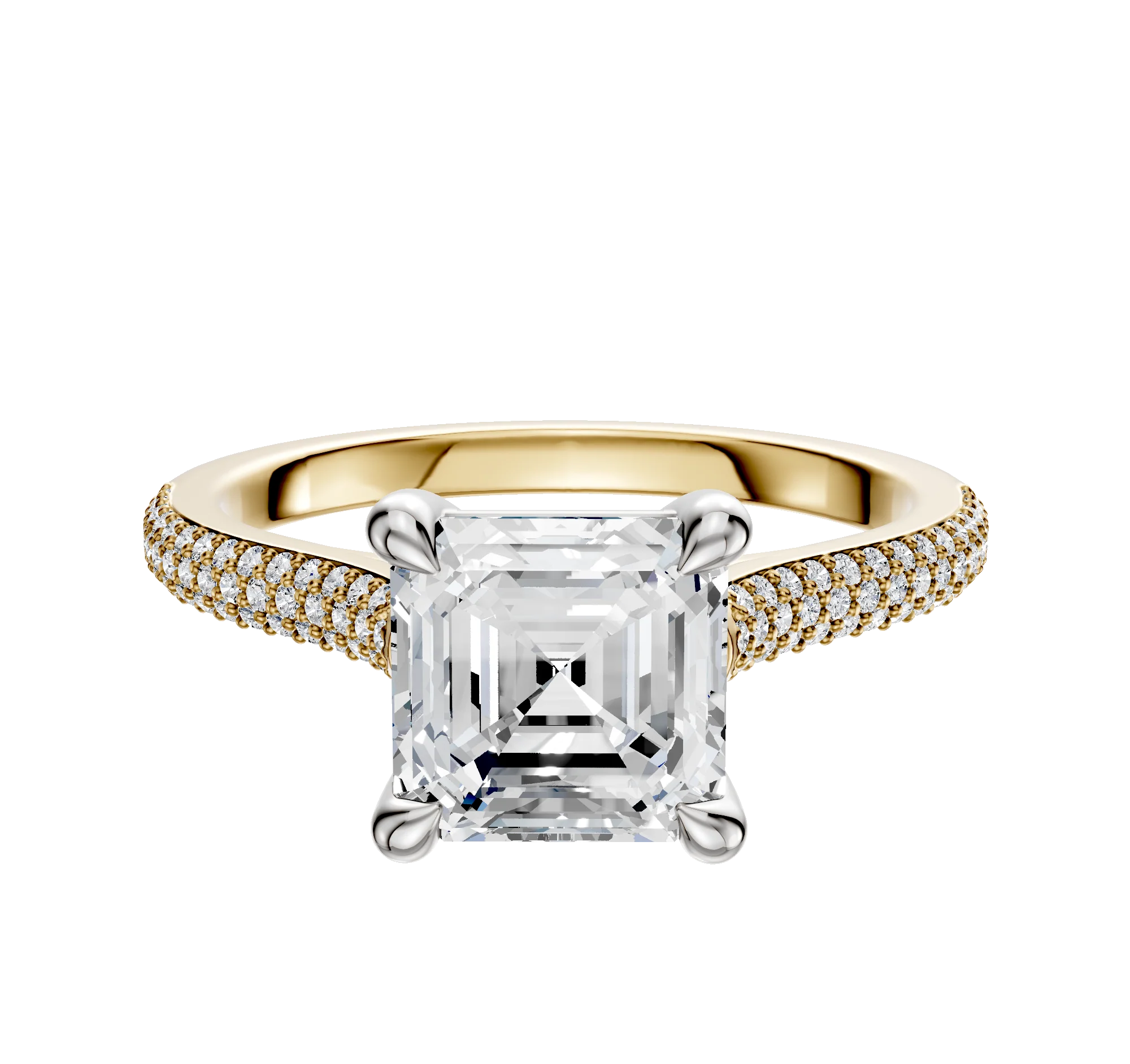 14K Two Tone 4 Prong Basket Cathedral Dome 3-Row-Pave 2.0mm Engagement Ring
