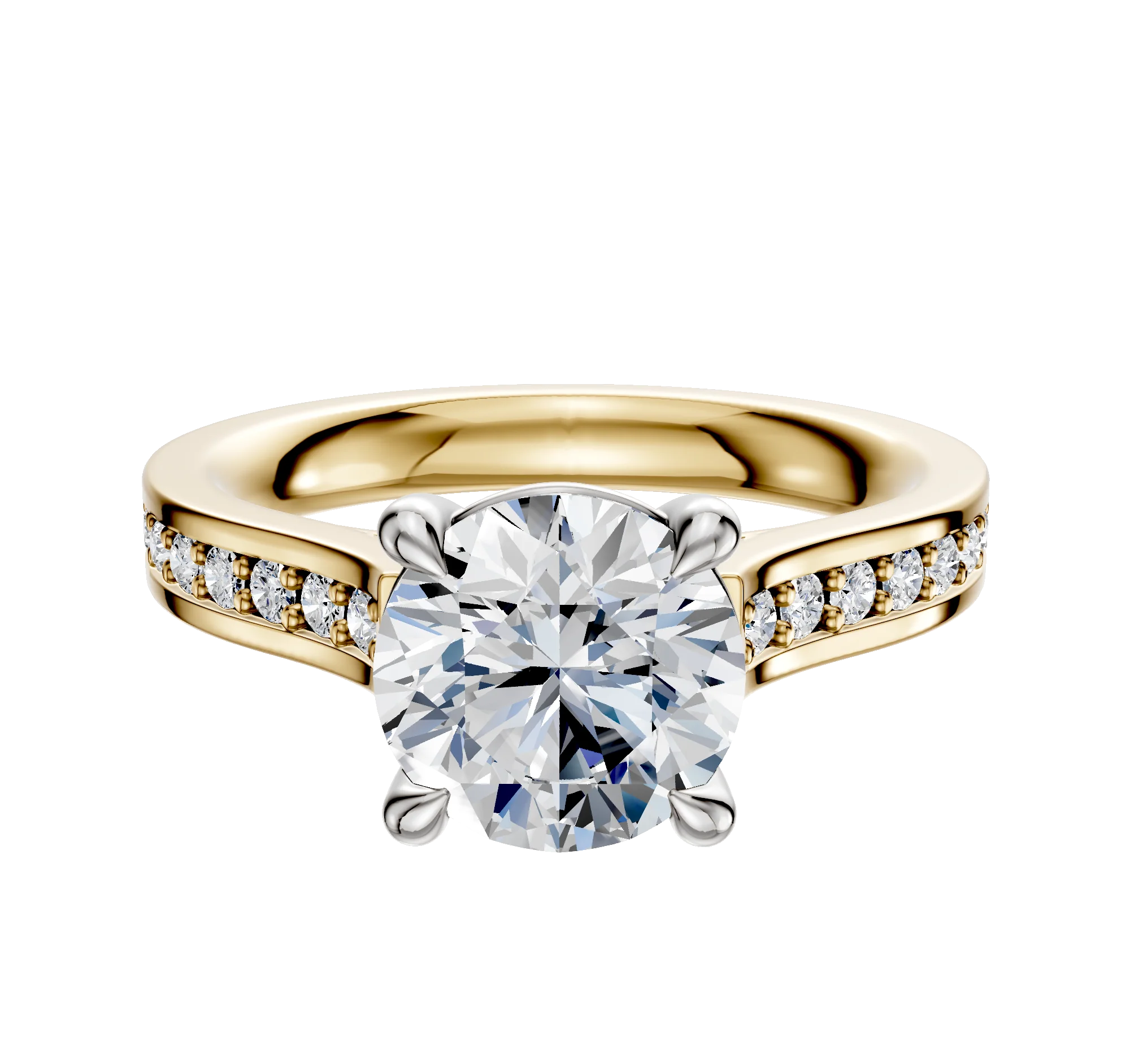 14K Two Tone 4 Prong Basket Cathedral Flat 1-Row-Pave 2.5mm Engagement Ring