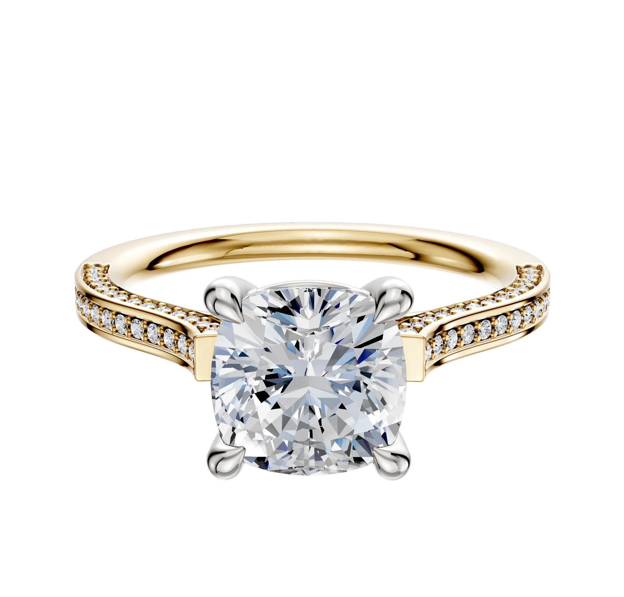 14K Two Tone 4 Prong Basket Cathedral Flat 3-Row-Pave 2.0mm Engagement Ring