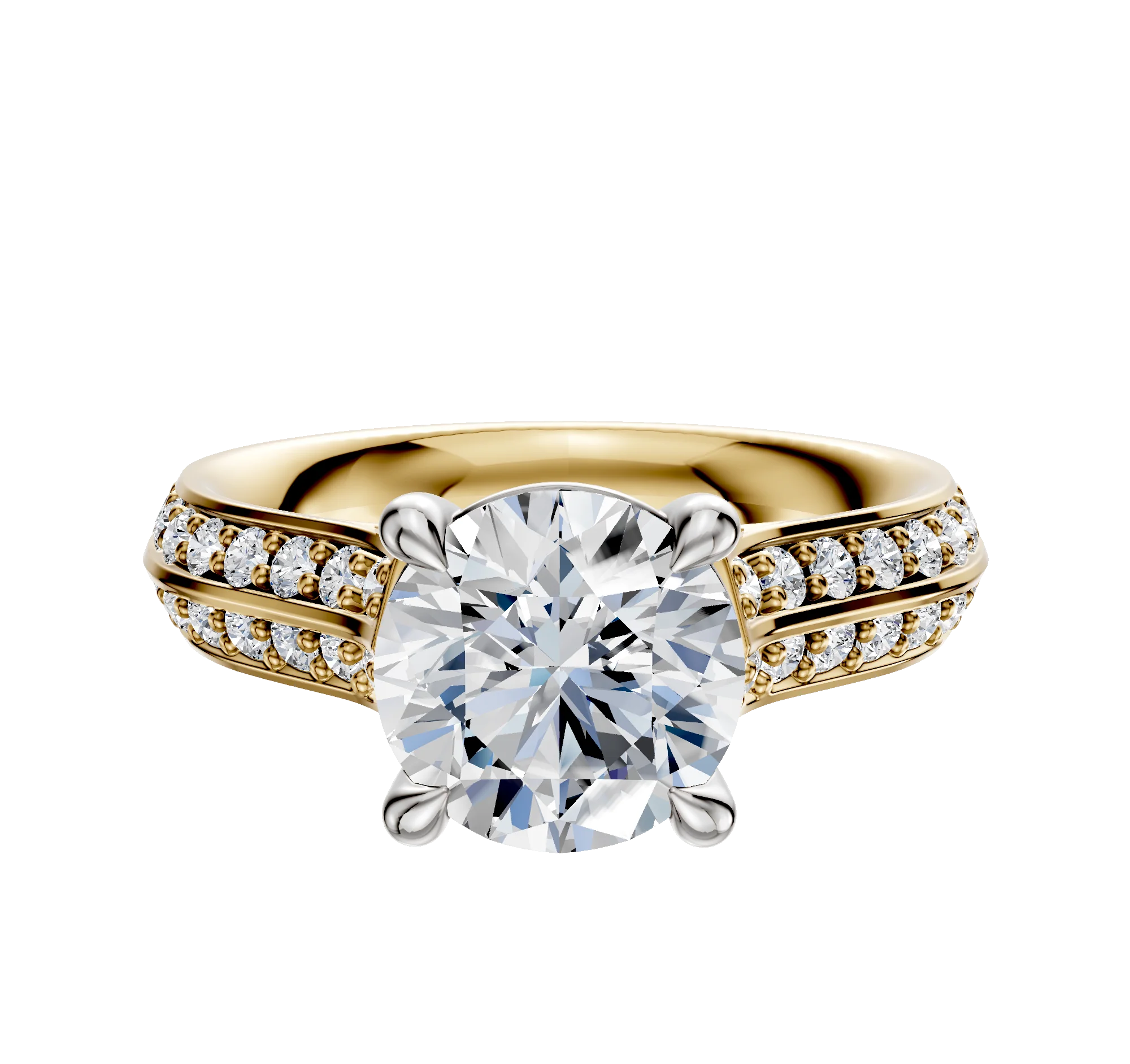 14K Two Tone 4 Prong Basket Cathedral Knife Edge 1-Row-Pave 2.5mm Engagement Ring