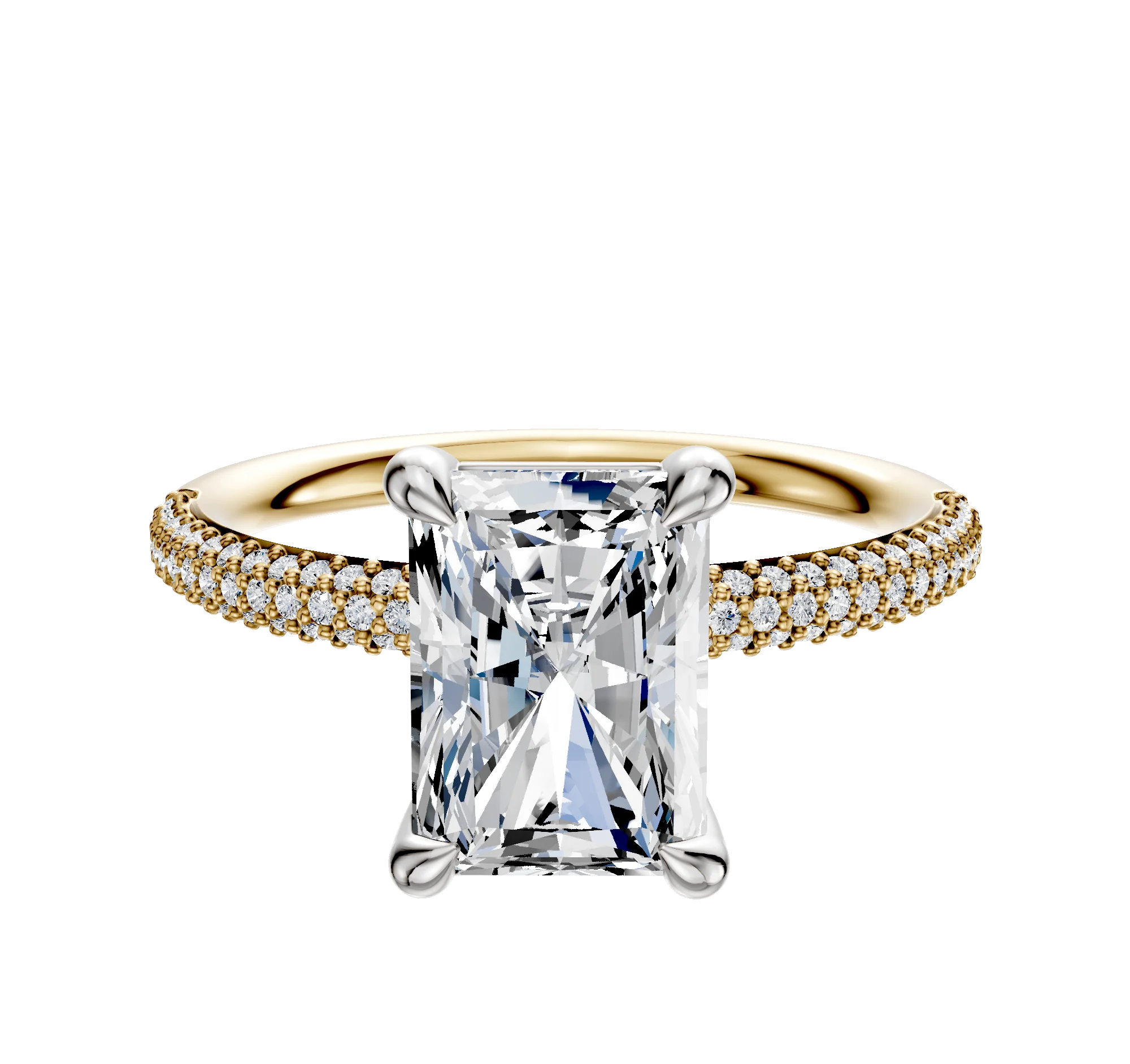 14K Two Tone 4 Prong Basket Classic Dome 3-Row-Pave 2.0mm Engagement Ring
