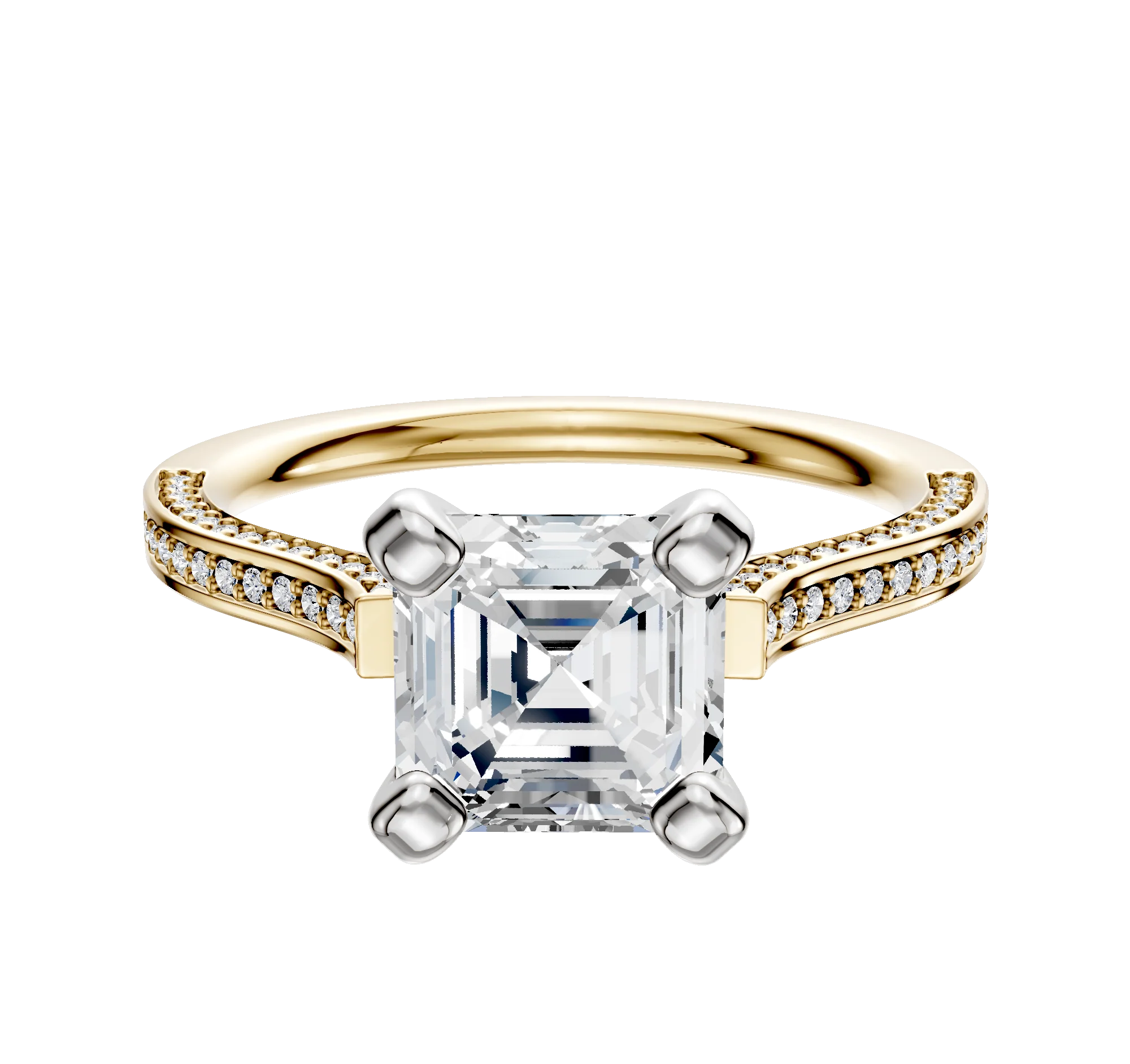 14K Two Tone 4 Prong Cathedral Flat 3-Row-Pave 2.0mm Engagement Ring