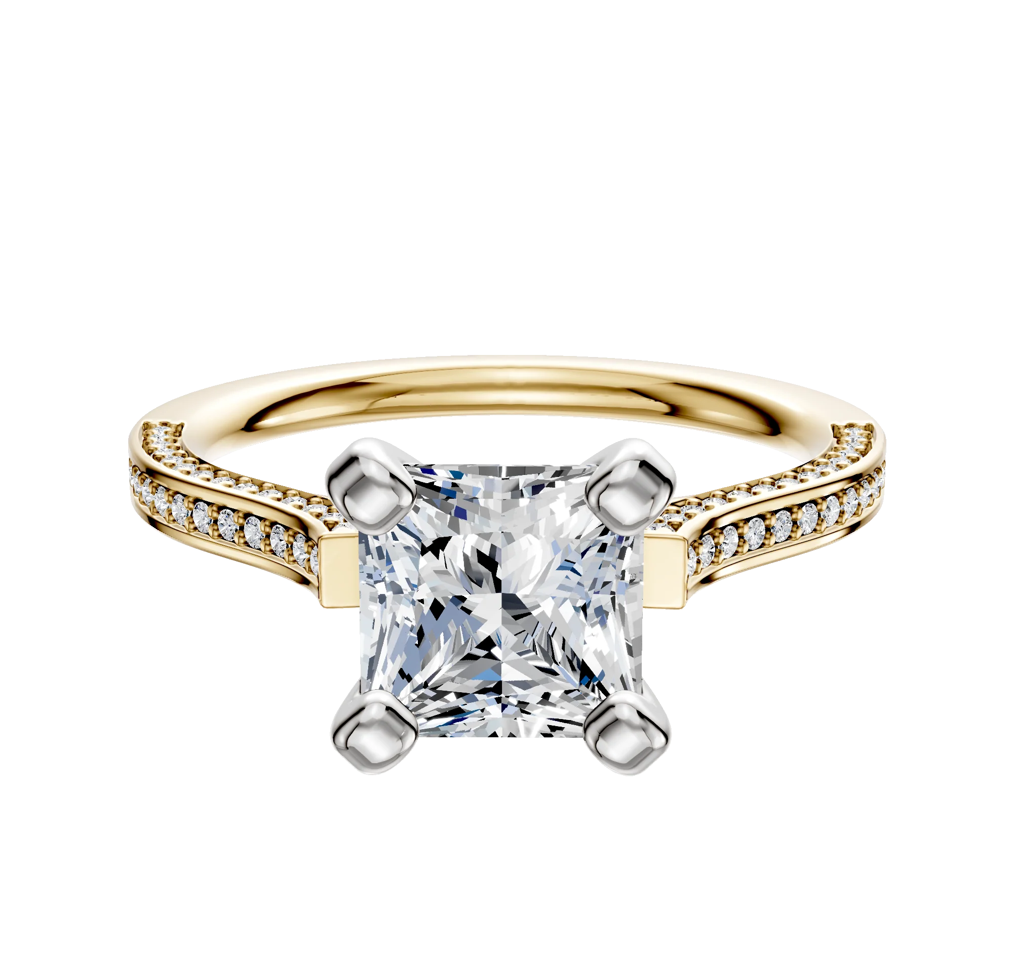 14K Two Tone 4 Prong Cathedral Flat 3-Row-Pave 2.0mm Engagement Ring