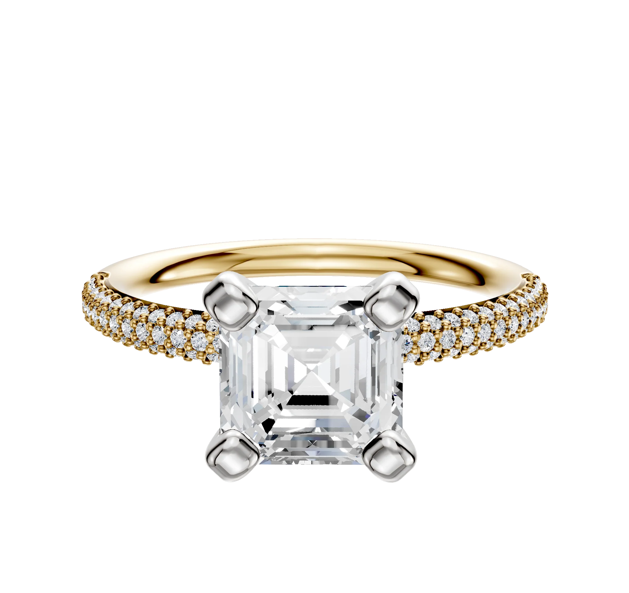 14K Two Tone 4 Prong Classic Dome 3-Row-Pave 2.0mm Engagement Ring