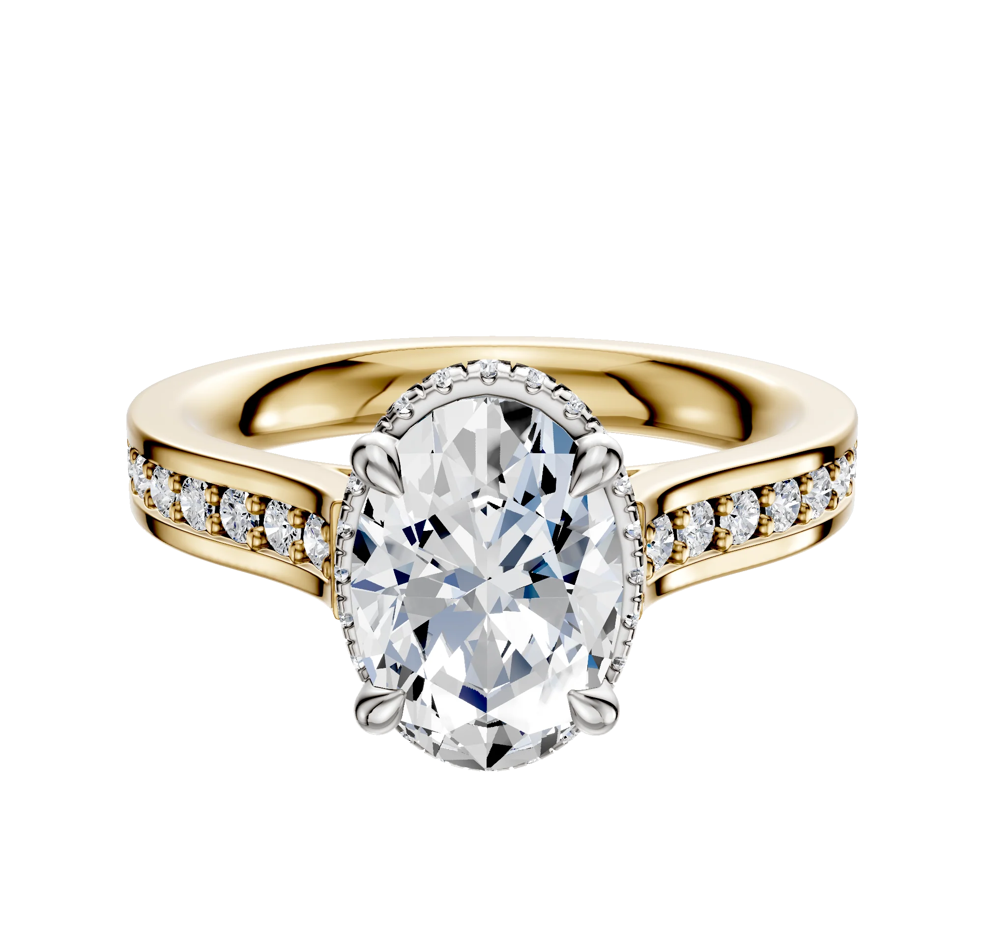 14K Two Tone 4 Prong Collar Cathedral Flat 1-Row-Pave 2.5mm Engagement Ring