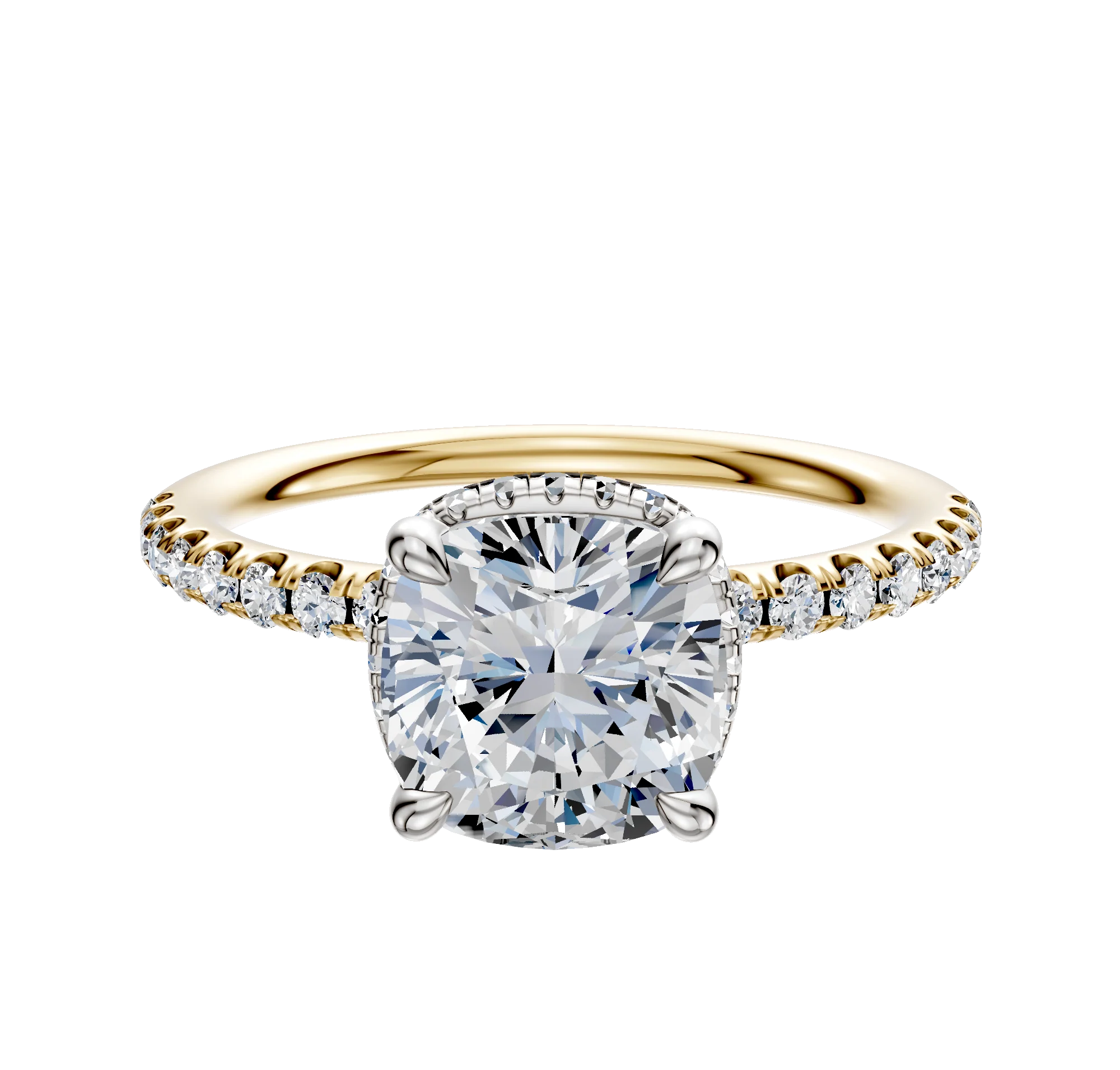 14K Two Tone 4 Prong Collar Classic Dome 1-Row-Pave 2.5mm Engagement Ring