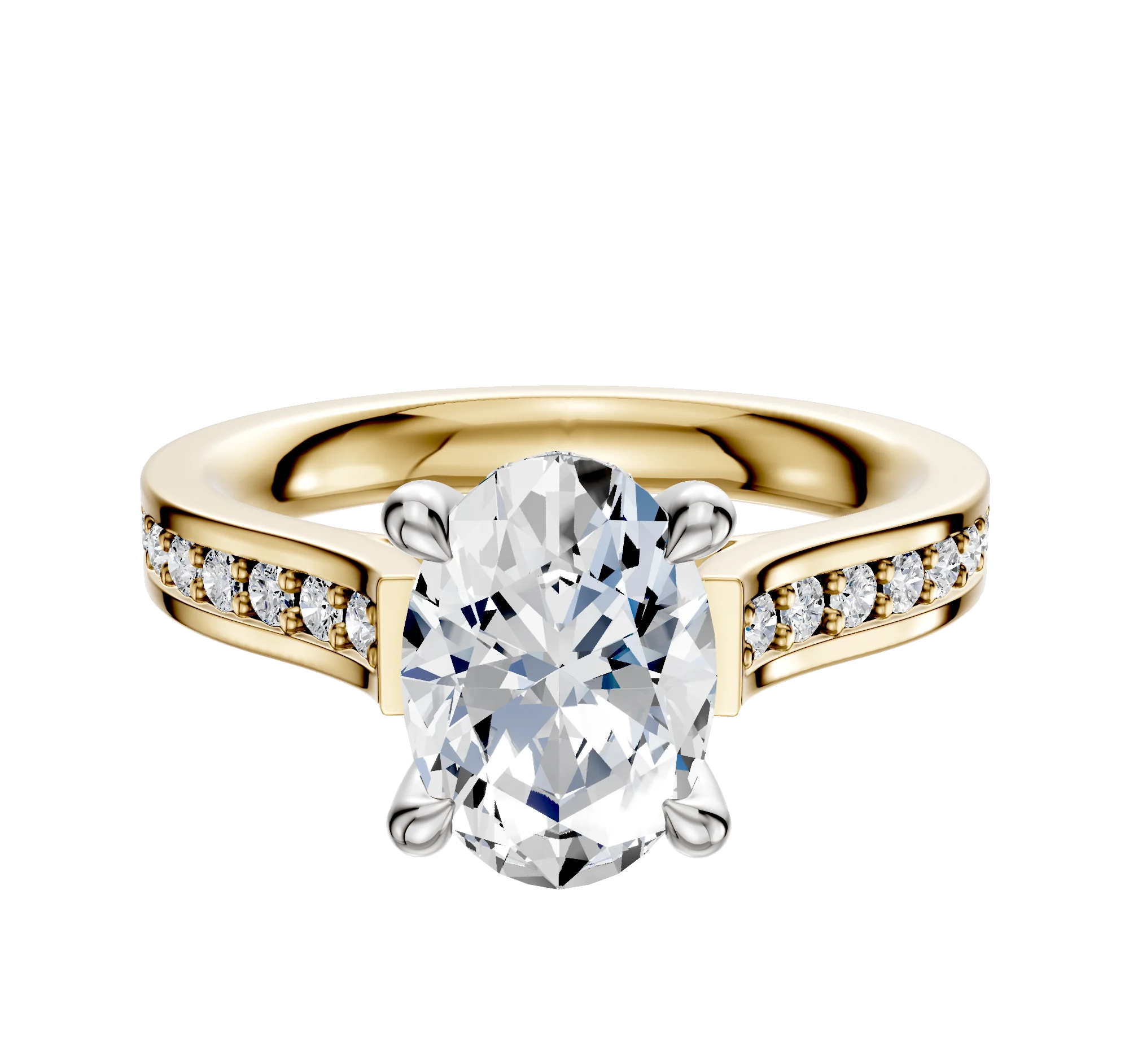 14K Two Tone 4 Prong Hidden Halo Cathedral Flat 1-Row-Pave 2.5mm Engagement Ring