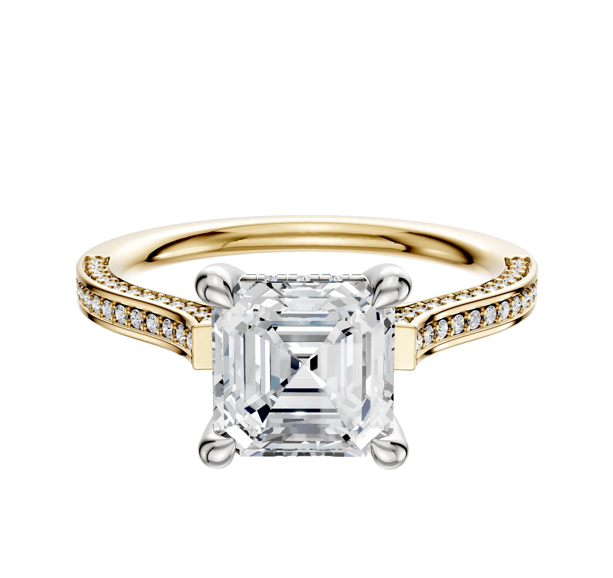 14K Two Tone 4 Prong Hidden Halo Cathedral Flat 3-Row-Pave 2.0mm Engagement Ring