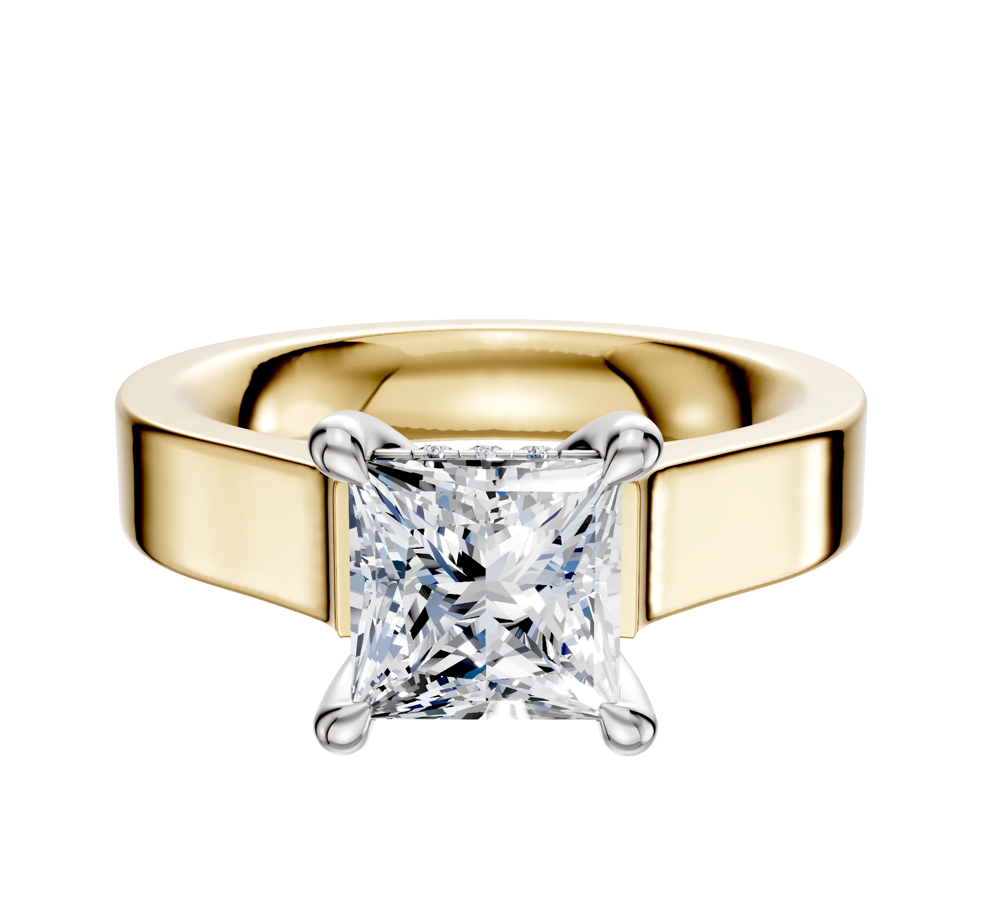 14K Two Tone 4 Prong Hidden Halo Cathedral Flat 4.0mm Engagement Ring