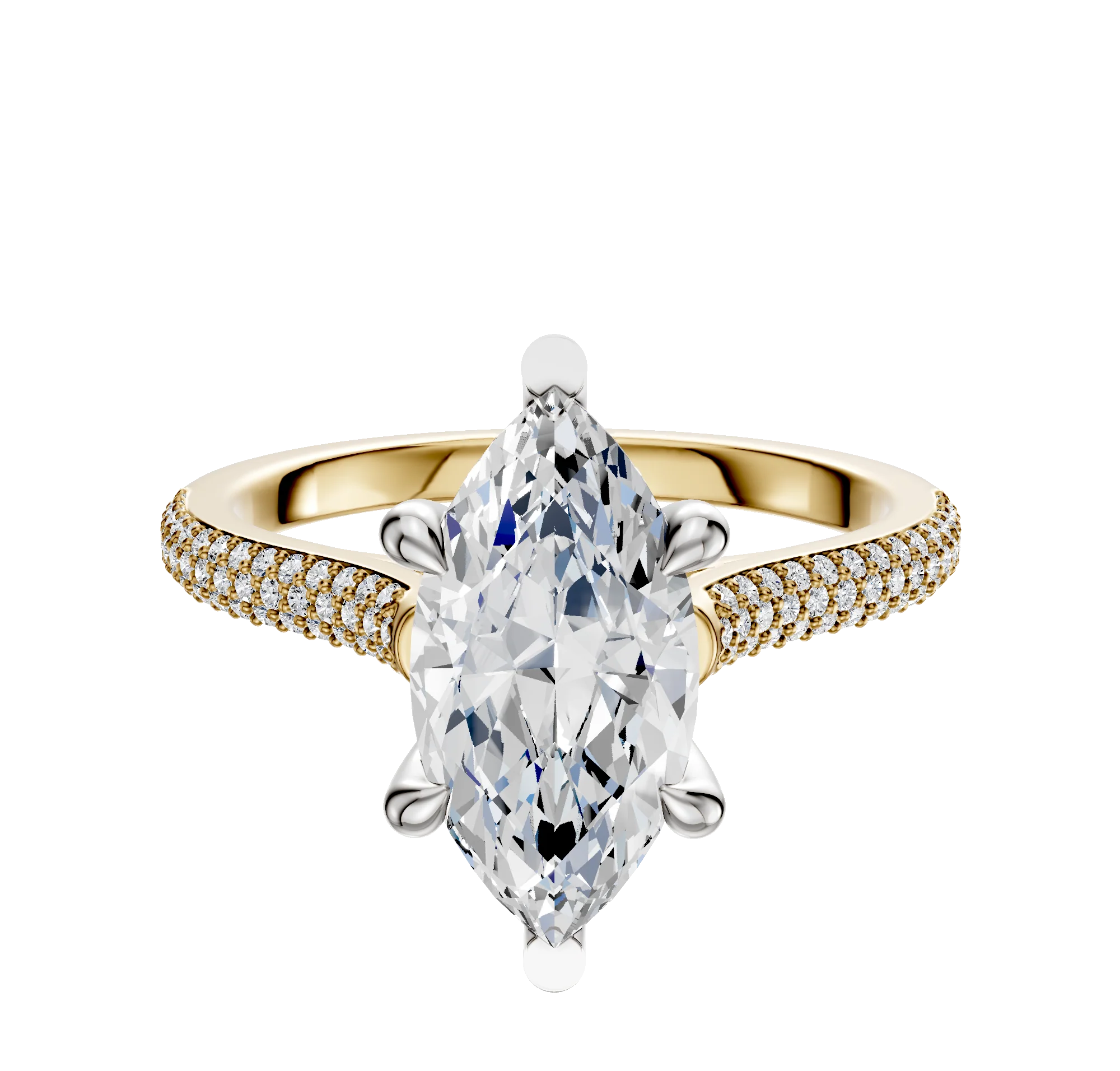 14K Two Tone 6 Prong Basket Cathedral Dome 3-Row-Pave 2.0mm Engagement Ring
