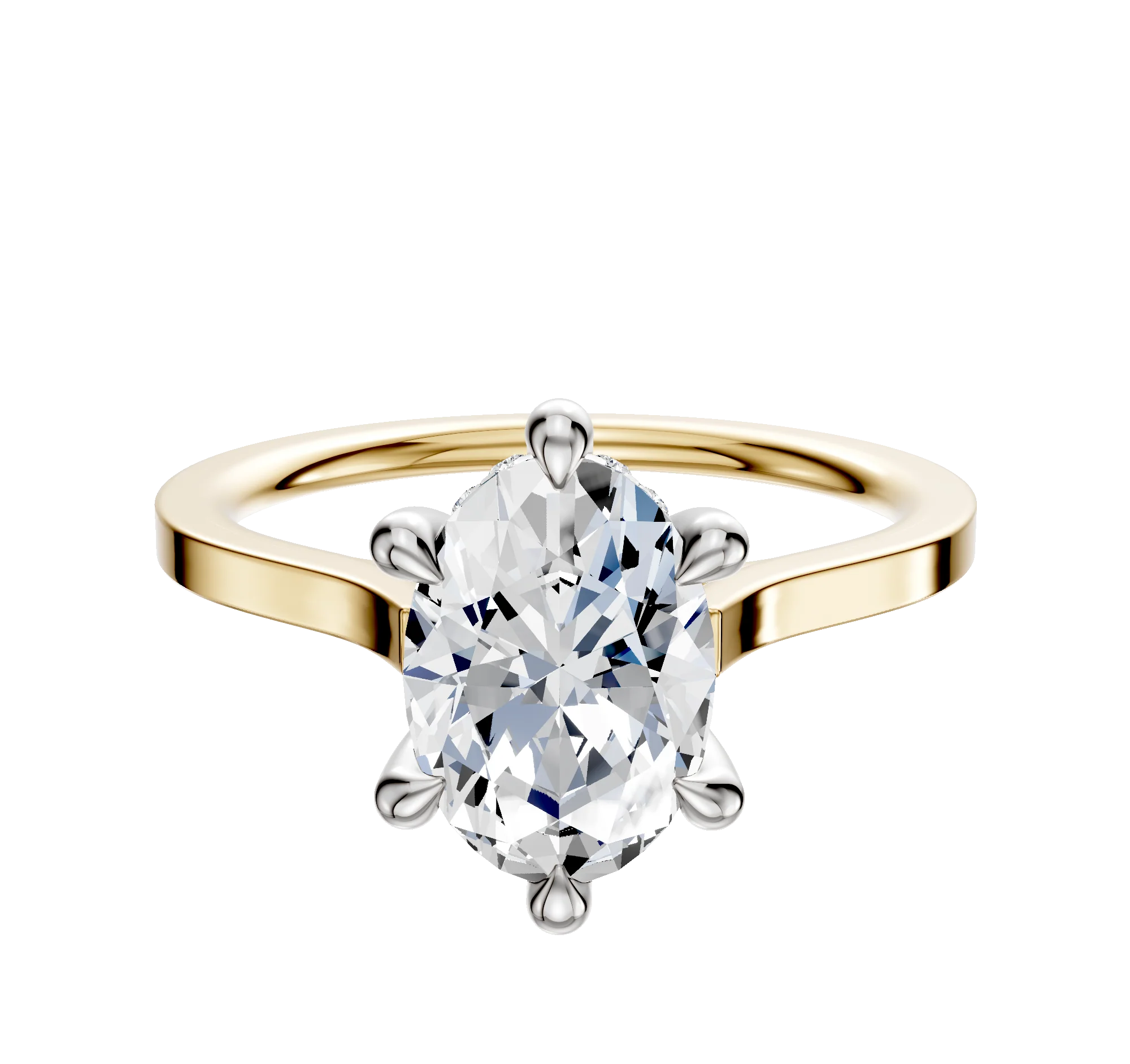 14K Two Tone 6 Prong Hidden Halo Cathedral Flat 1.5mm Engagement Ring