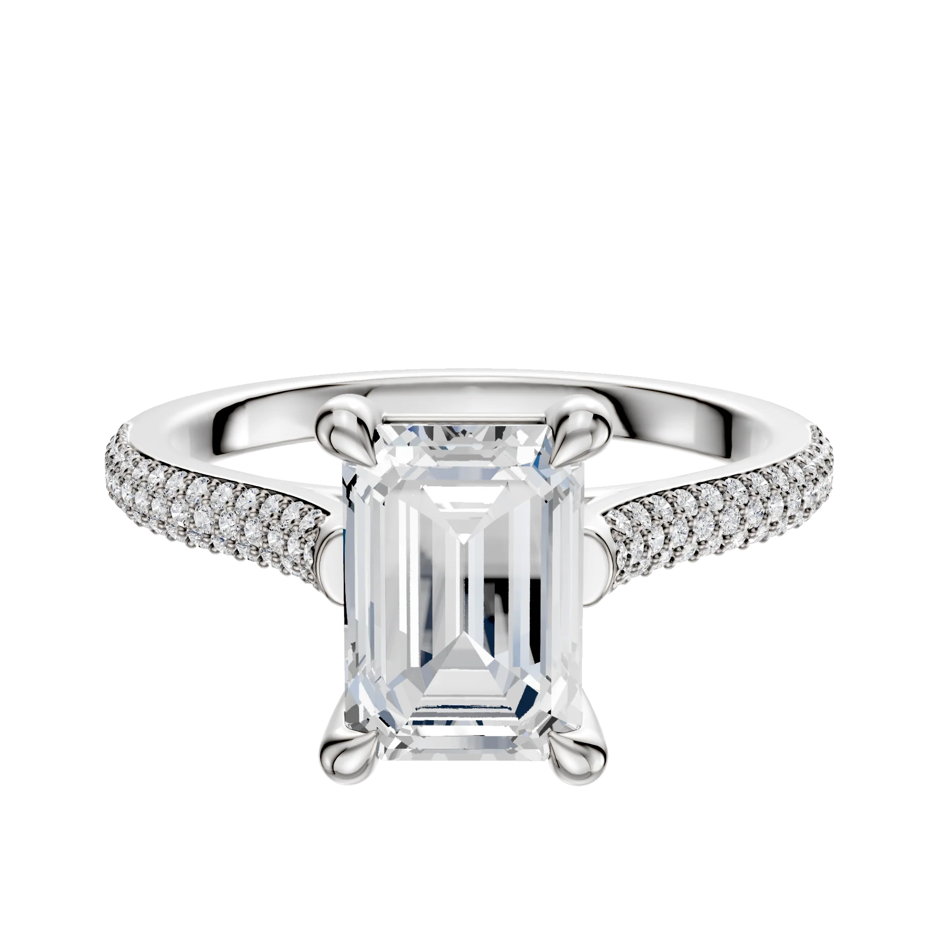 14K White Gold 4 Prong Basket Cathedral Dome 3-Row-Pave 2.0mm Engagement Ring