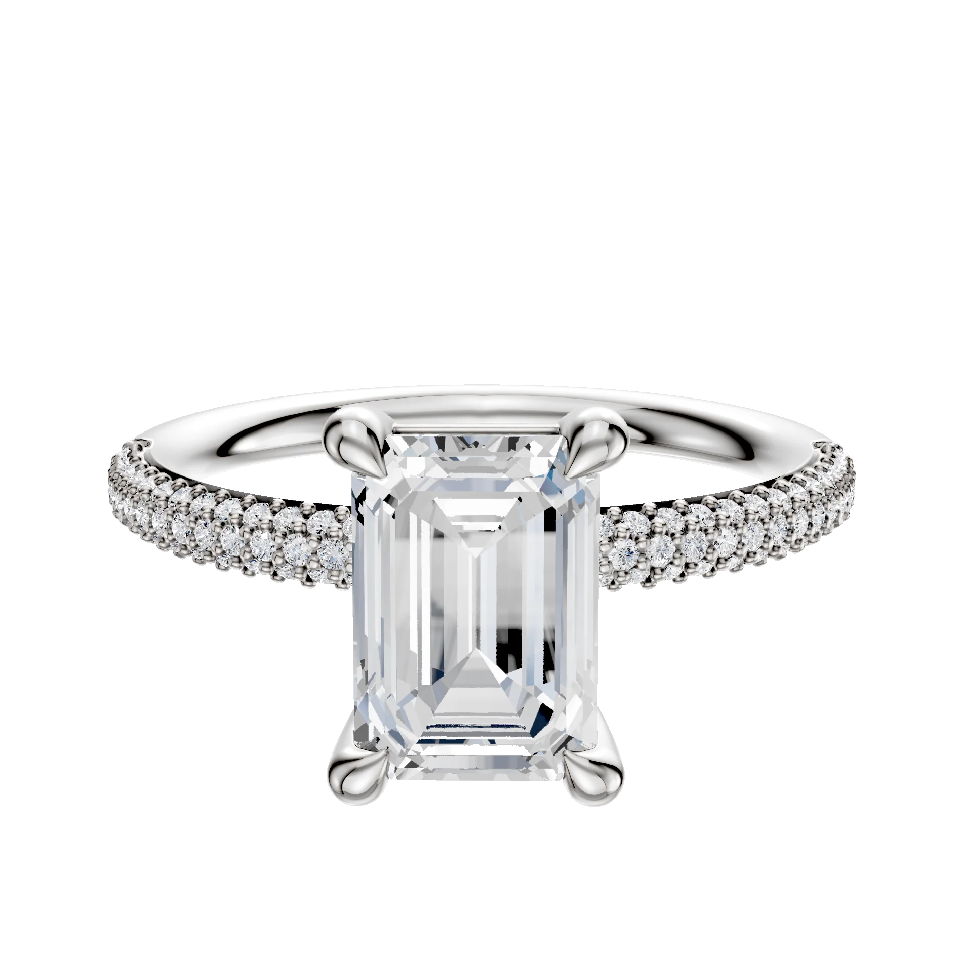 14K White Gold 4 Prong Basket Classic Dome 3-Row-Pave 2.0mm Engagement Ring