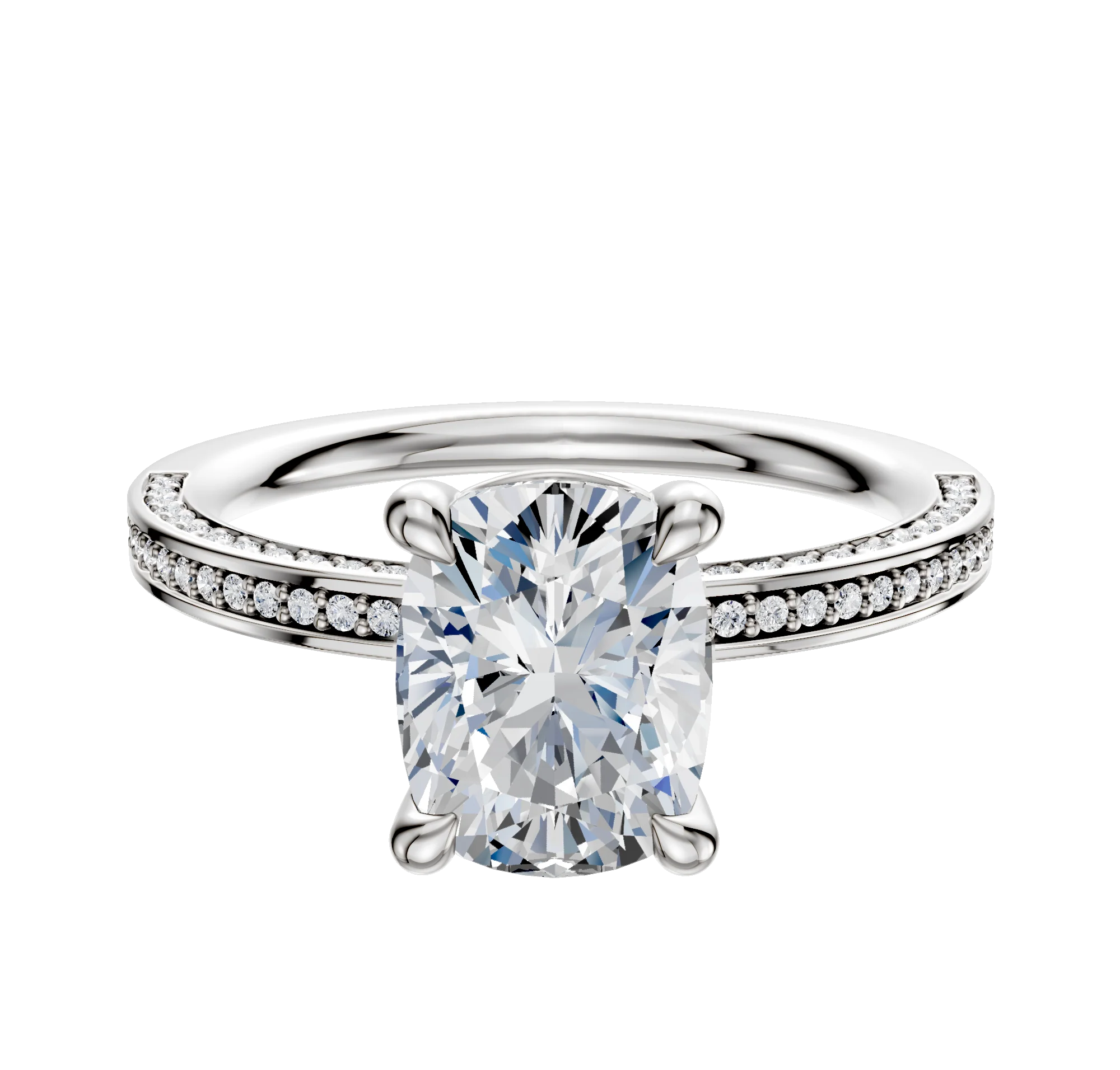 14K White Gold 4 Prong Basket Classic Flat 3-Row-Pave 2.0mm Engagement Ring