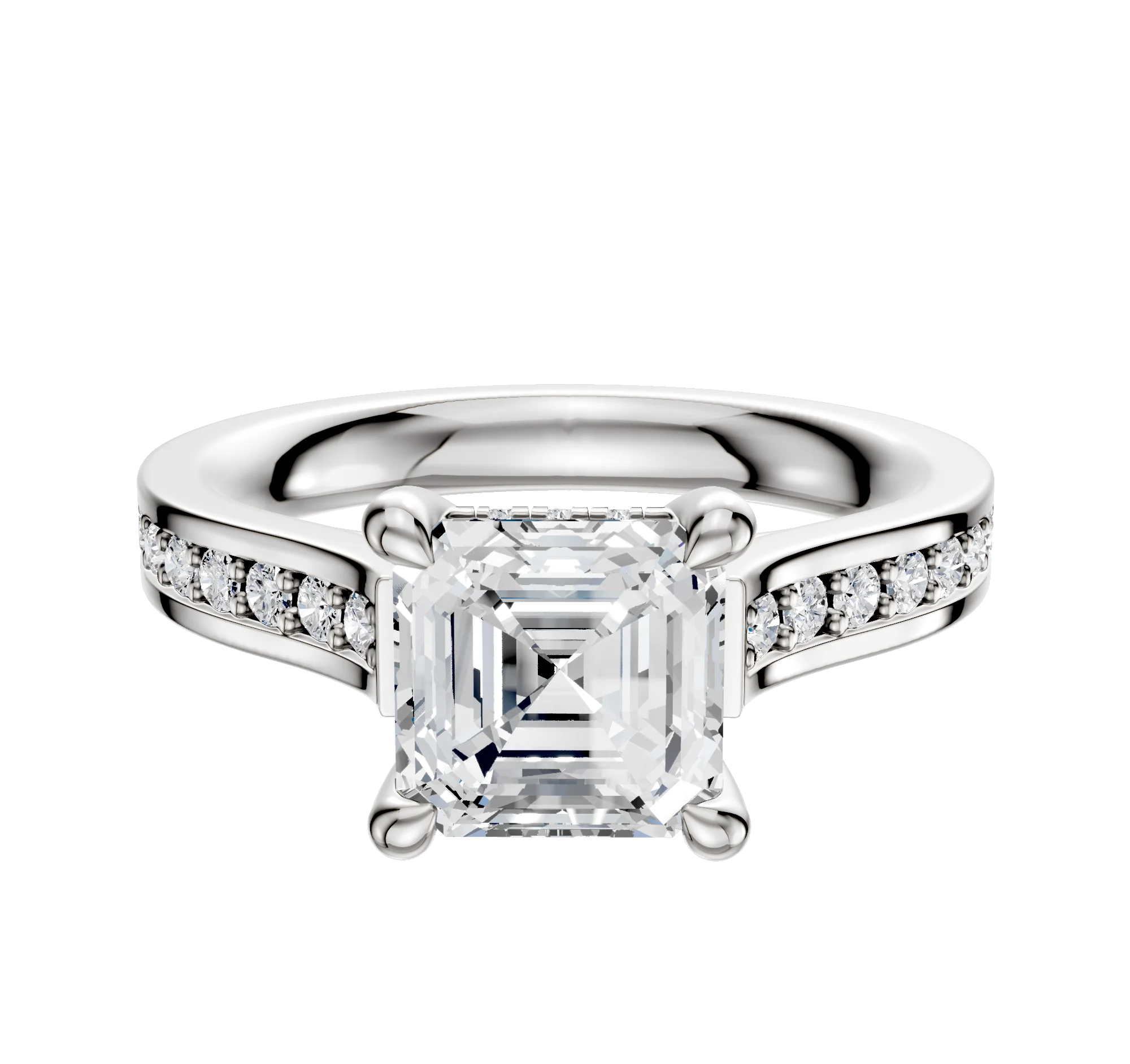 14K White Gold 4 Prong Hidden Halo Cathedral Flat 1-Row-Pave 2.5mm Engagement Ring