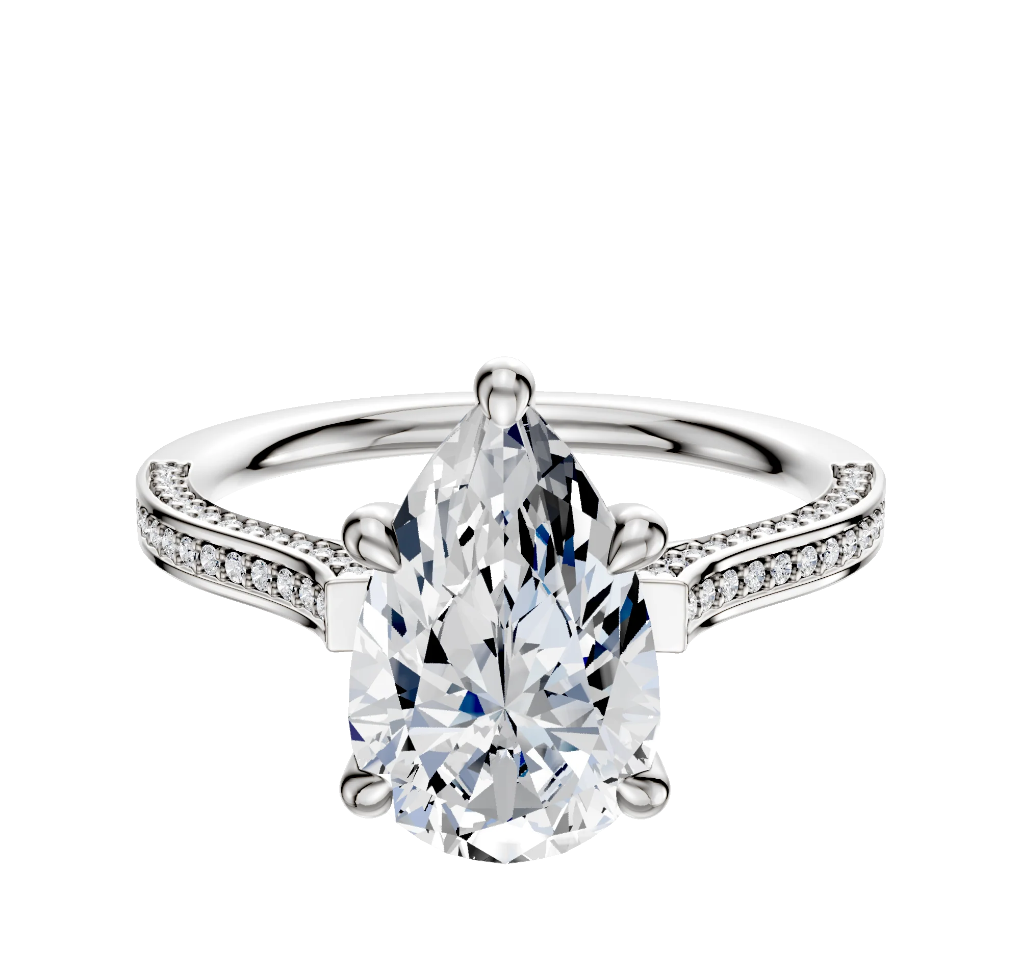 14K White Gold 4 Prong Hidden Halo Cathedral Flat 3-Row-Pave 2.0mm Engagement Ring