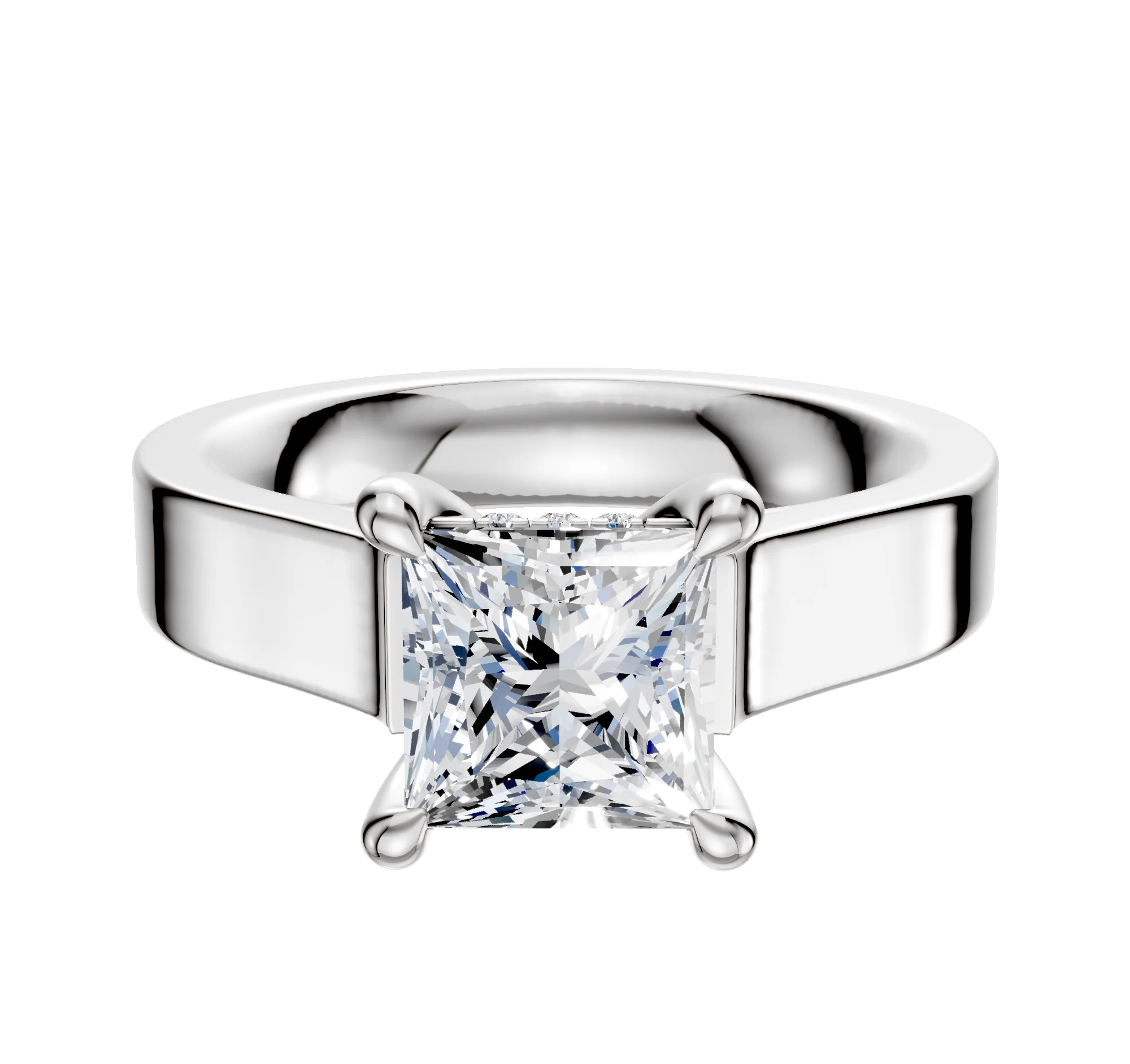 14K White Gold 4 Prong Hidden Halo Cathedral Flat 4.0mm Engagement Ring
