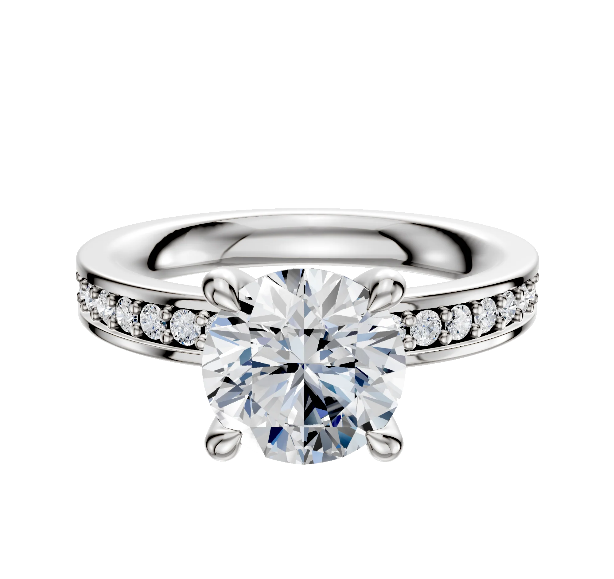 14K White Gold 4 Prong Hidden Halo Classic Flat 1-Row-Pave 2.5mm Engagement Ring