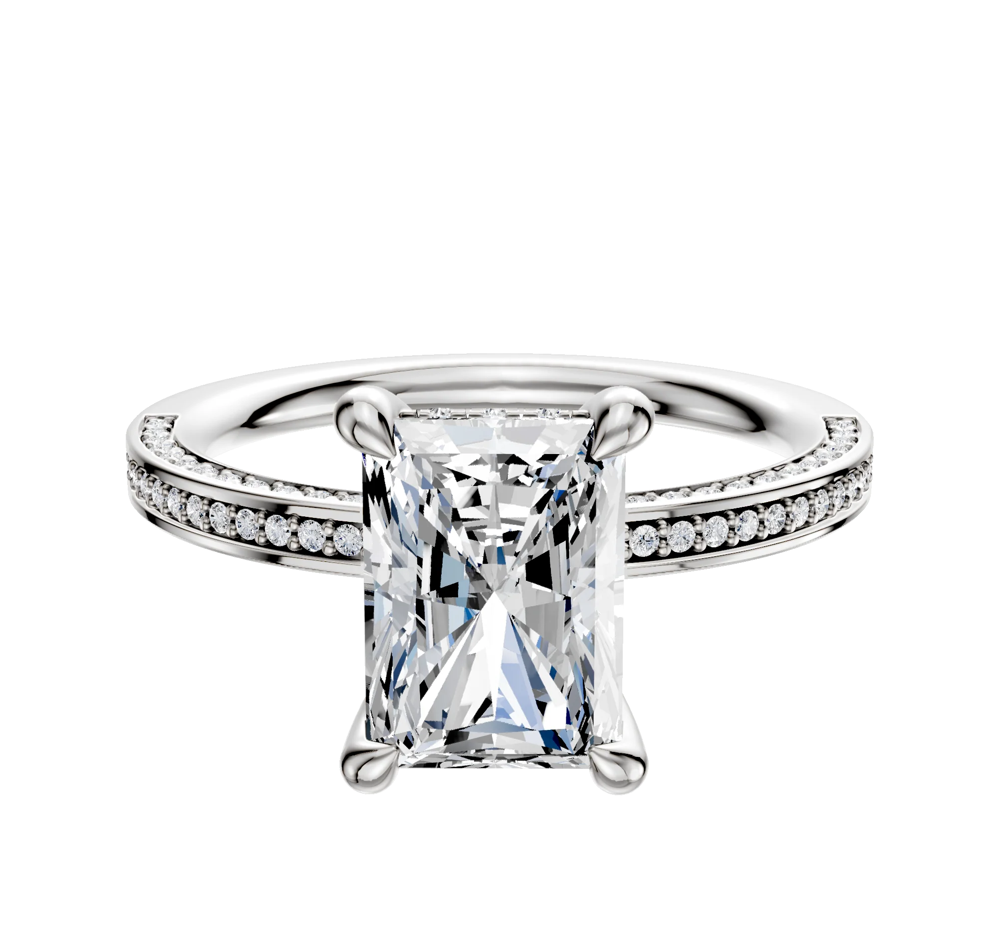 14K White Gold 4 Prong Hidden Halo Classic Flat 3-Row-Pave 2.0mm Engagement Ring