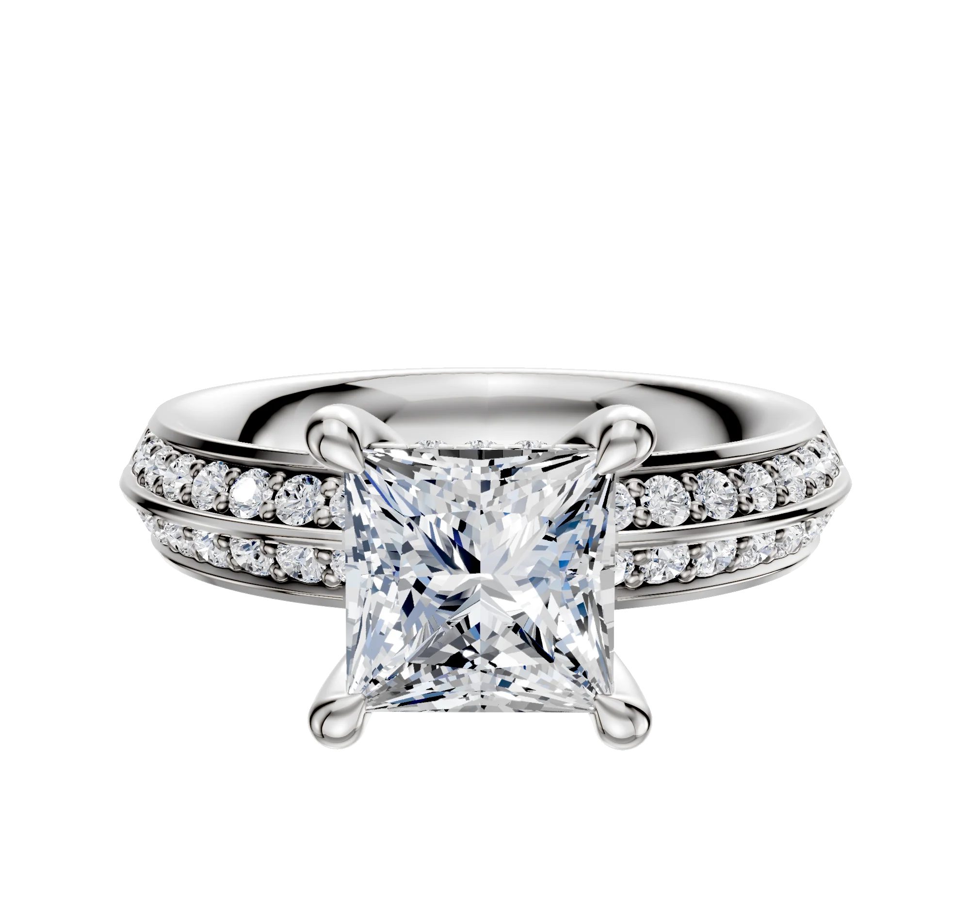 14K White Gold 4 Prong Hidden Halo Classic Knife Edge 1-Row-Pave 2.5mm Engagement Ring