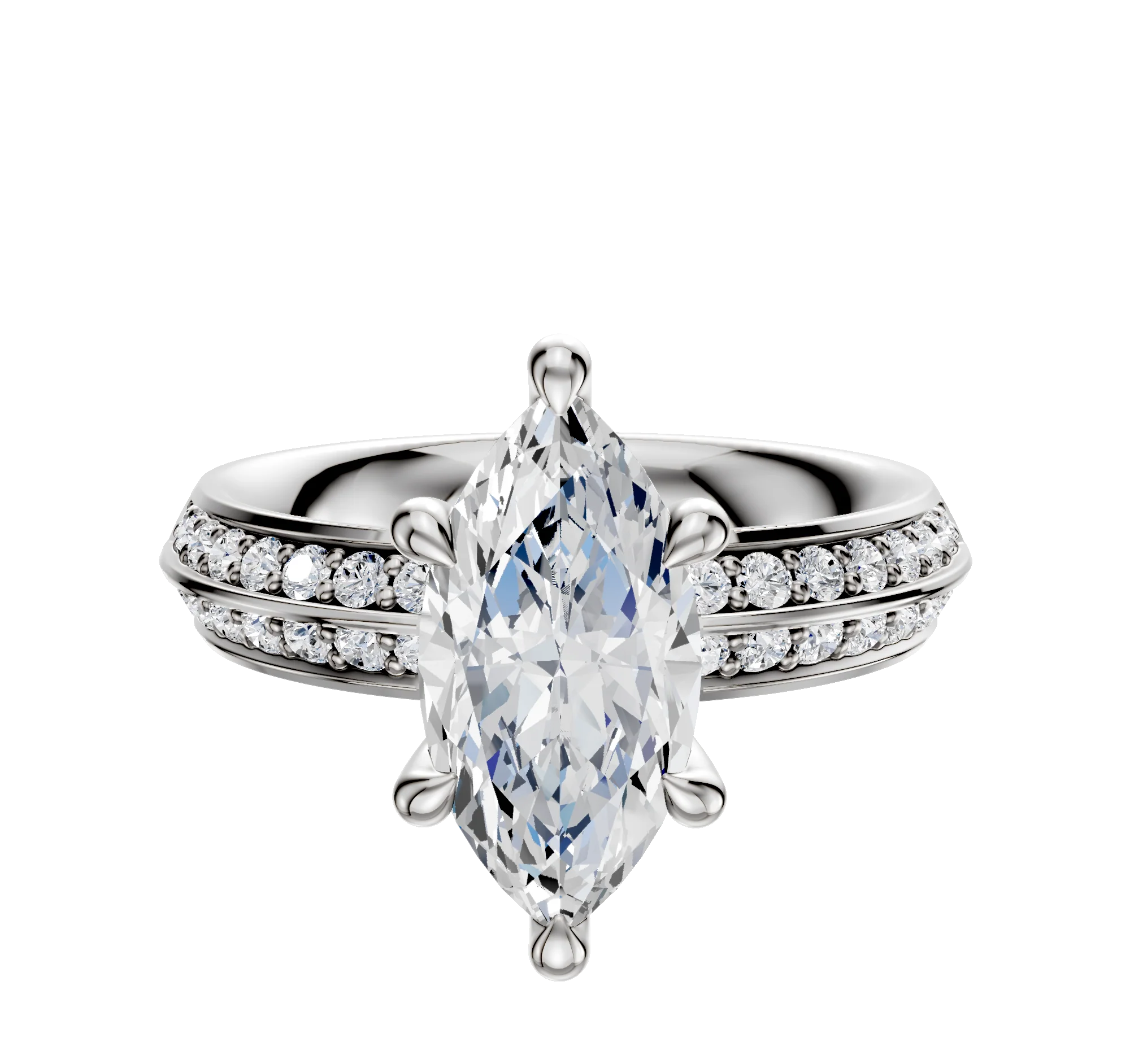 14K White Gold 6 Prong Hidden Halo Classic Knife Edge 1-Row-Pave 2.5mm Engagement Ring