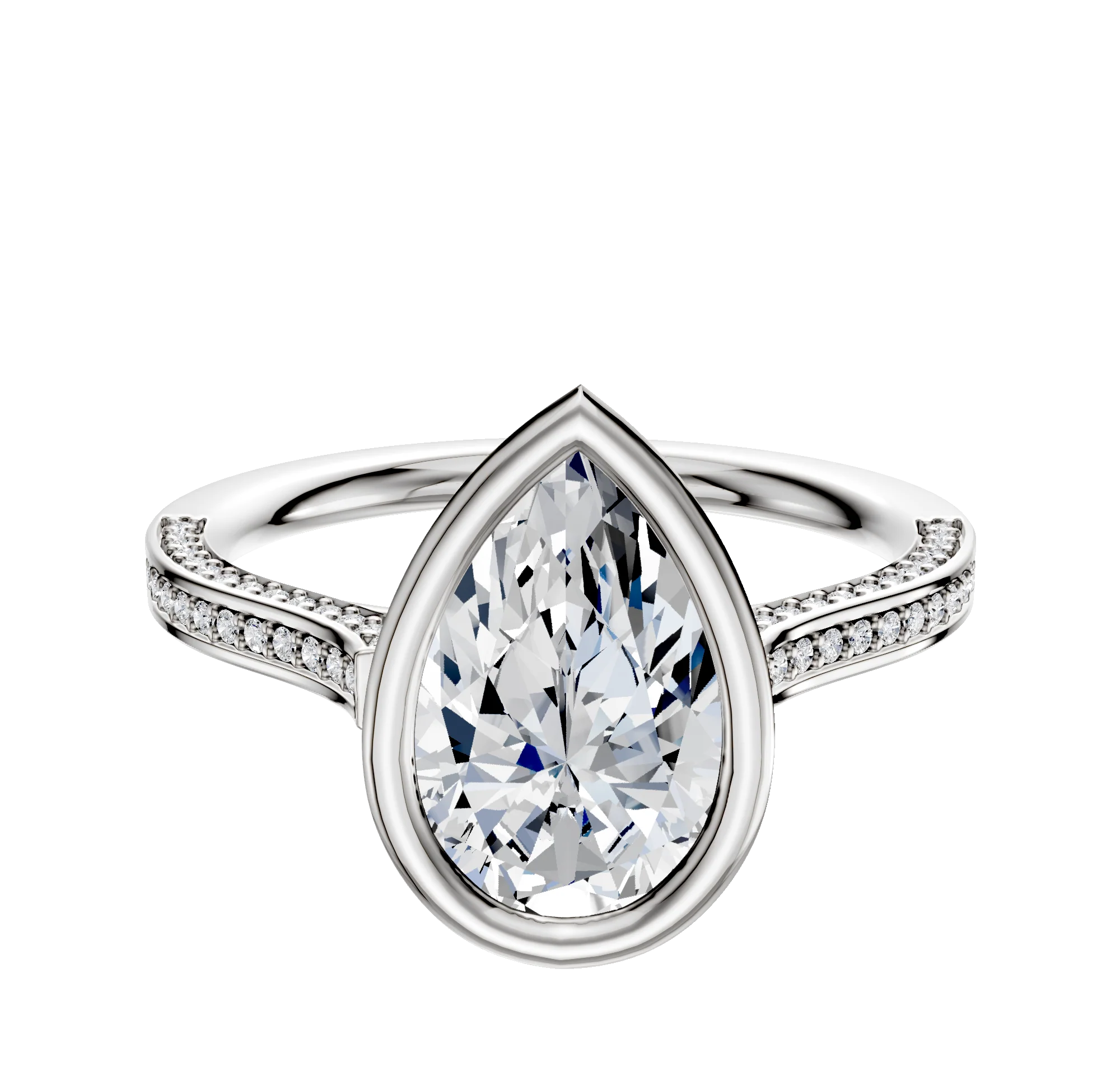 14K White Gold Bezel Full Bezel East/West Cathedral Flat 3-Row-Pave 2.0mm Engagement Ring