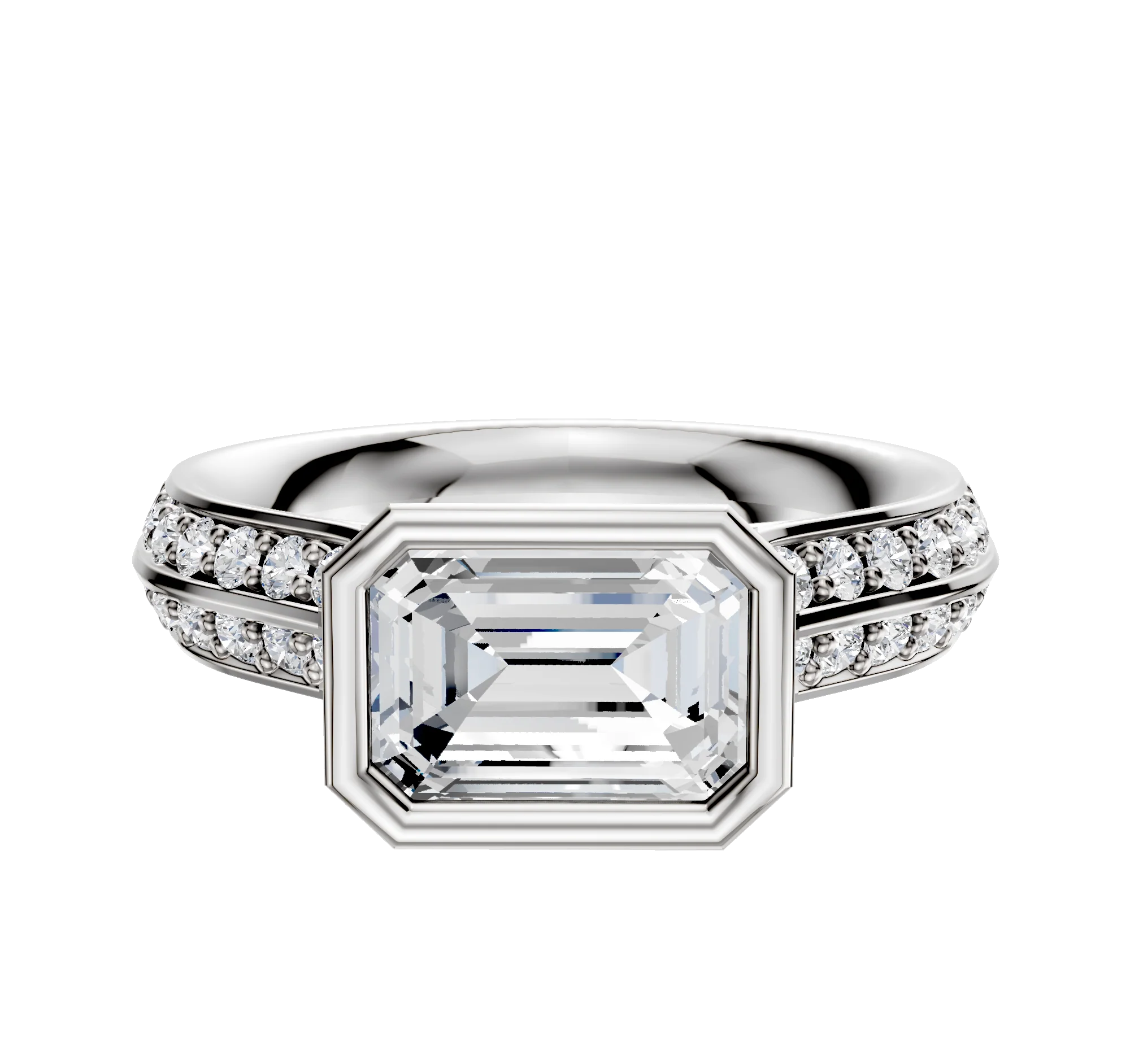 14K White Gold Bezel Full Bezel East/West Cathedral Knife Edge 1-Row-Pave 2.5mm Engagement Ring