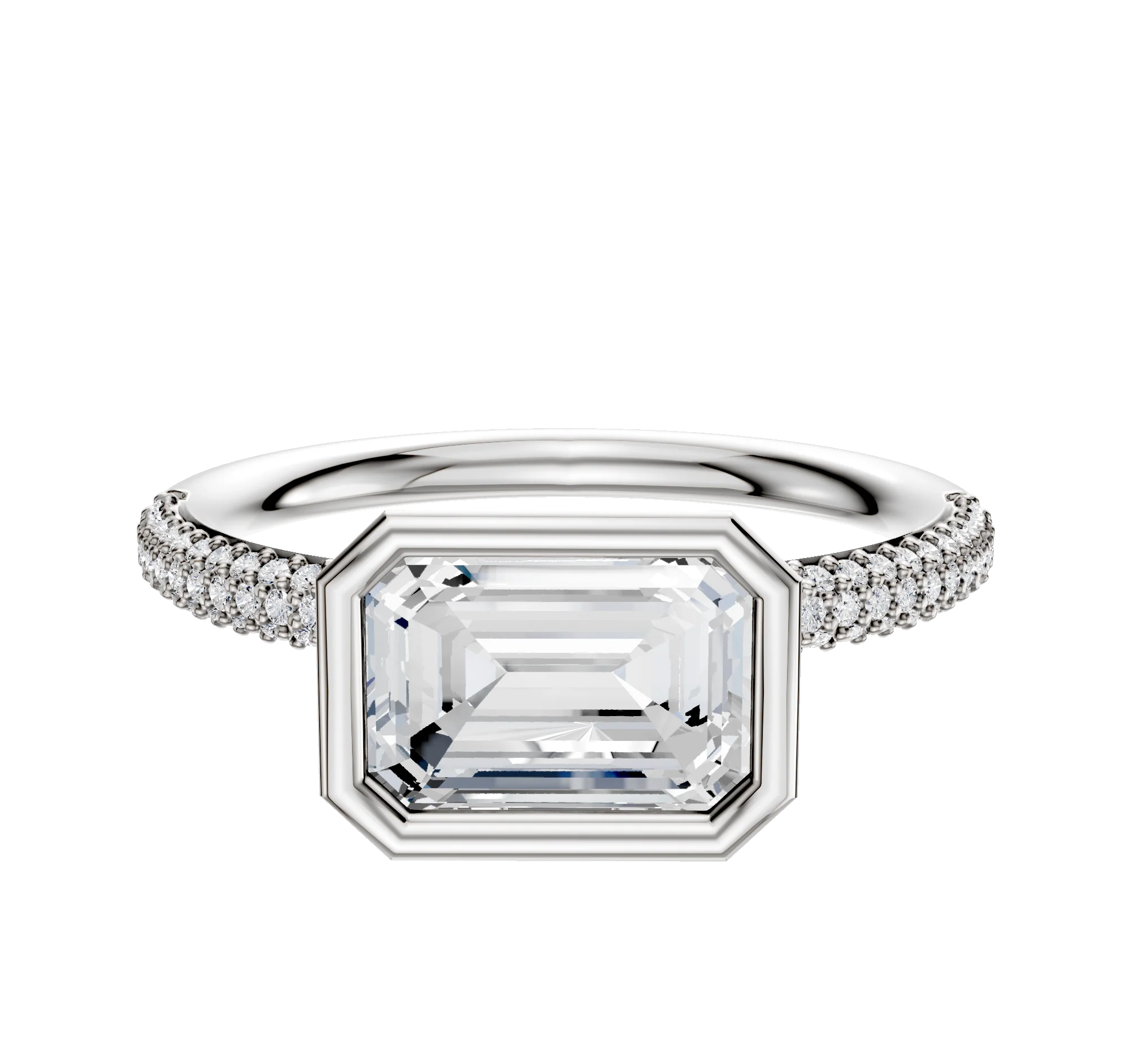 14K White Gold Bezel Full Bezel East/West Classic Dome 3-Row-Pave 2.0mm Engagement Ring