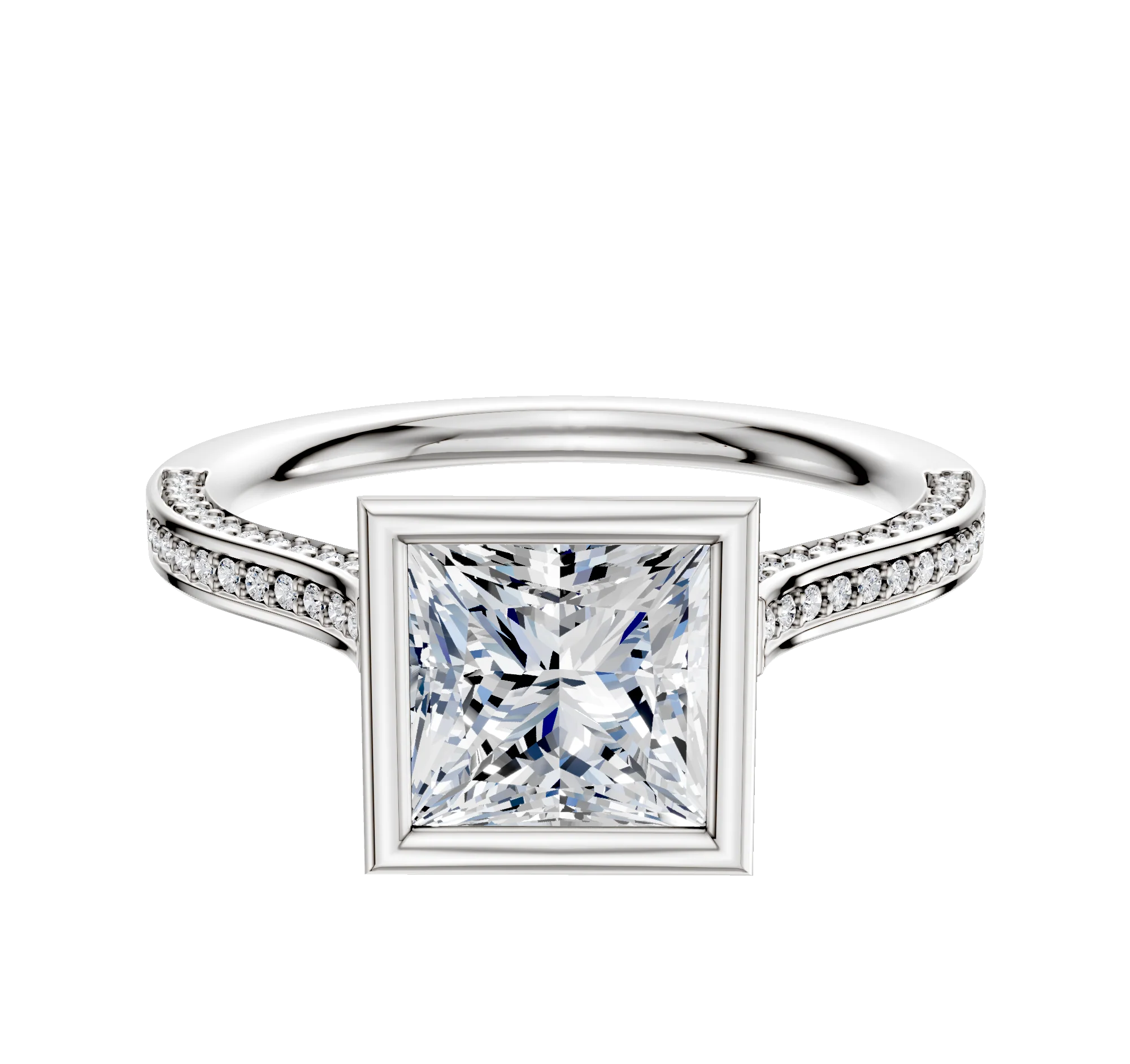 14K White Gold Bezel Full Bezel North/South Cathedral Flat 3-Row-Pave 2.0mm Engagement Ring