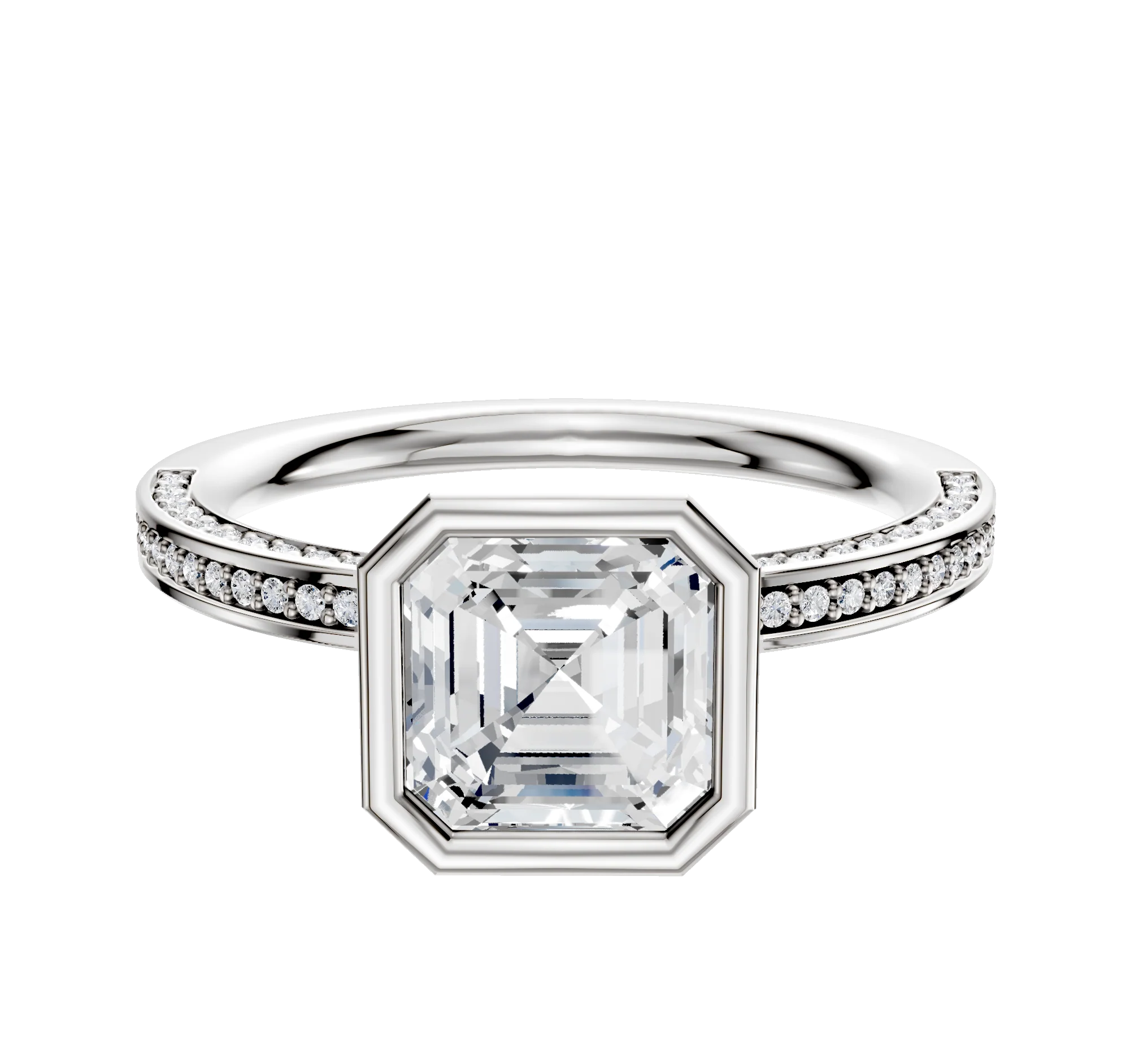 14K White Gold Bezel Full Bezel North/South Classic Flat 3-Row-Pave 2.0mm Engagement Ring