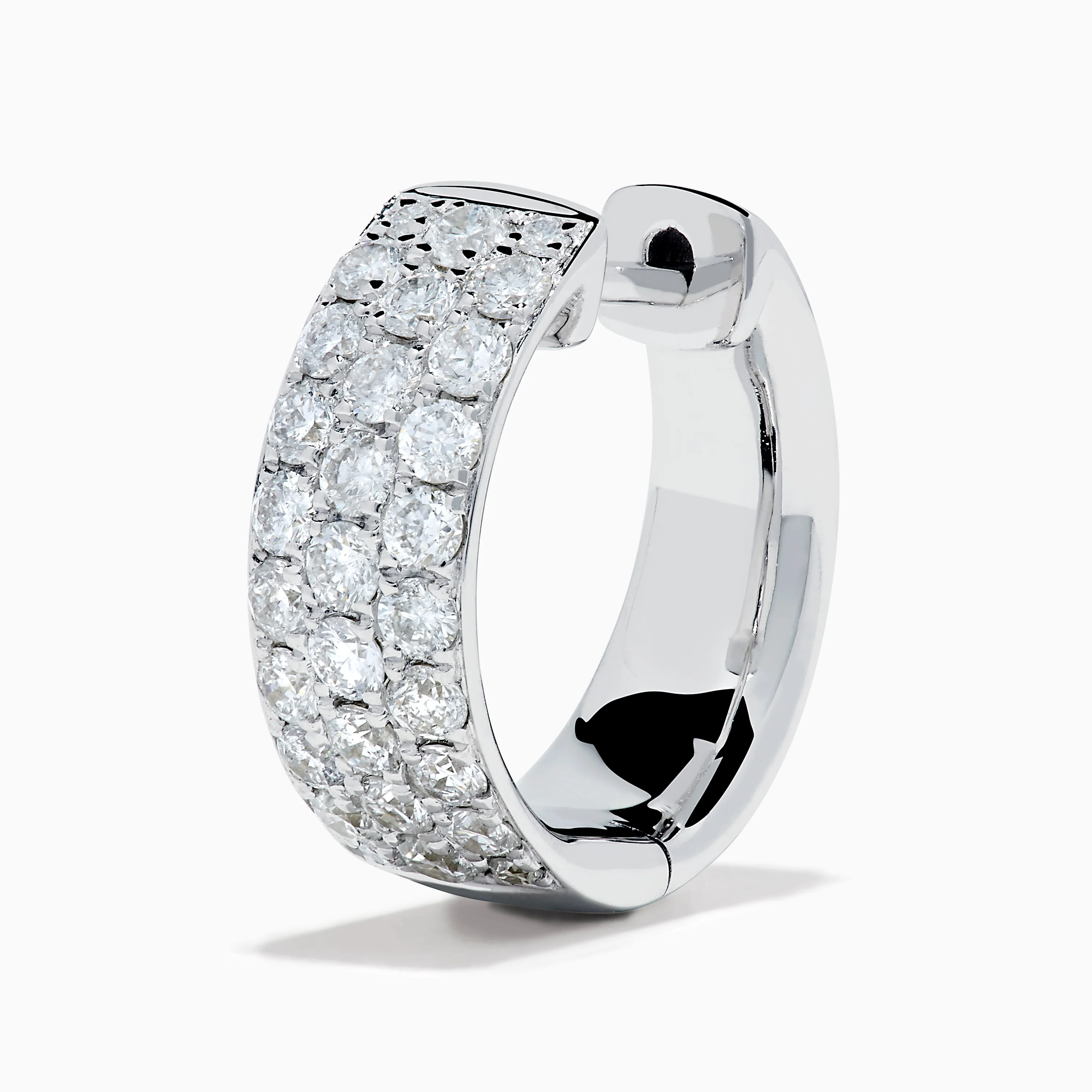 14K White Gold Diamond Three Row Pave Small Hoop Earrings - Image 2