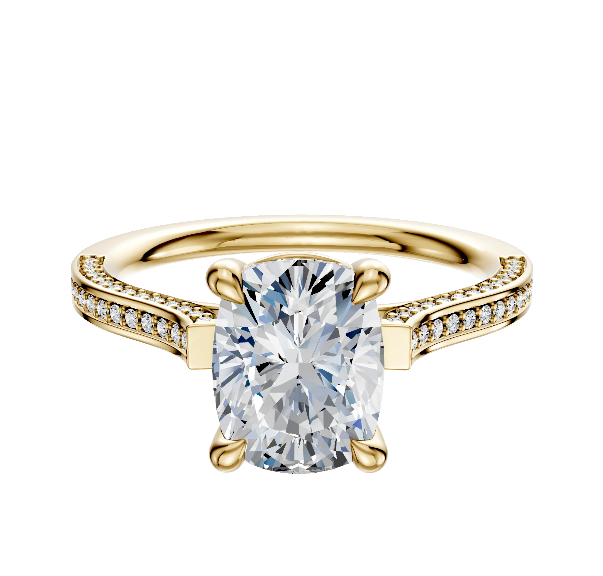 14K Yellow Gold 4 Prong Basket Cathedral Flat 3-Row-Pave 2.0mm Engagement Ring