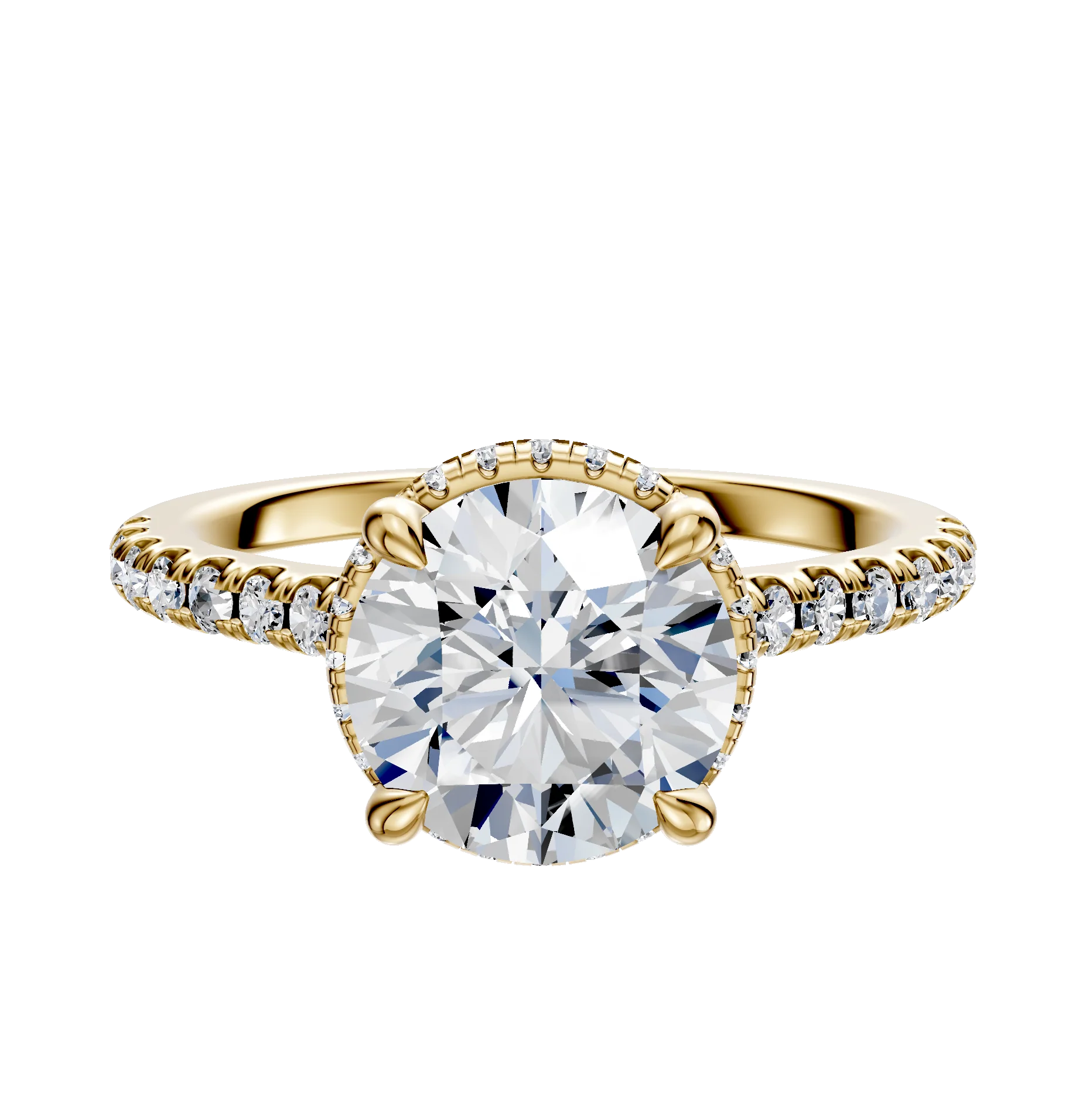 14K Yellow Gold 4 Prong Collar Cathedral Dome 1-Row-Pave 2.5mm Engagement Ring