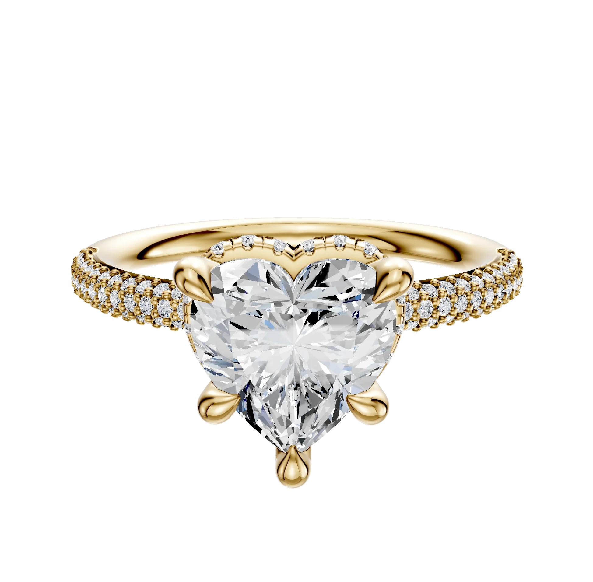 14K Yellow Gold 4 Prong Collar Classic Dome 3-Row-Pave 2.0mm Engagement Ring