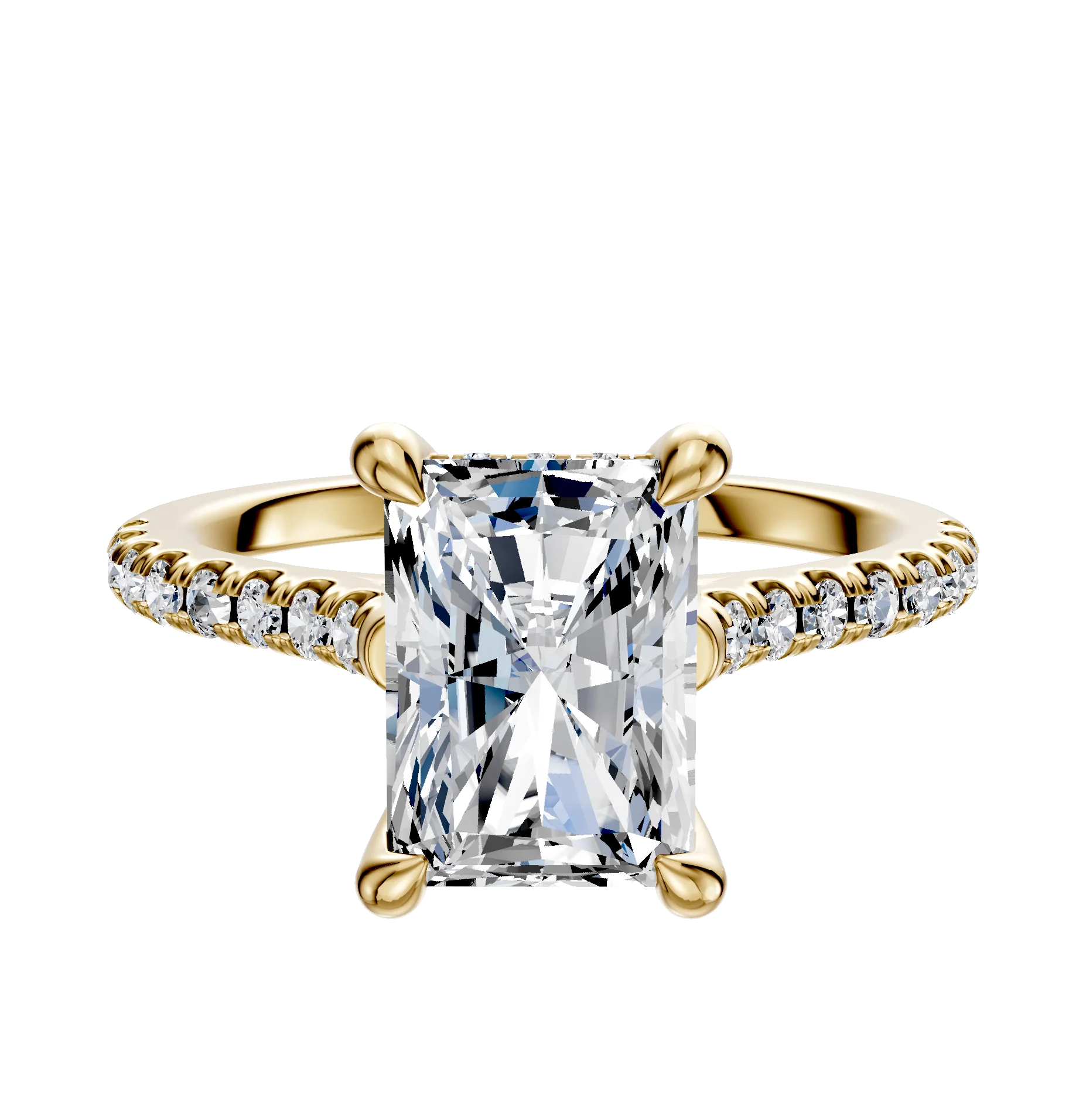 14K Yellow Gold 4 Prong Hidden Halo Cathedral Dome 1-Row-Pave 2.5mm Engagement Ring