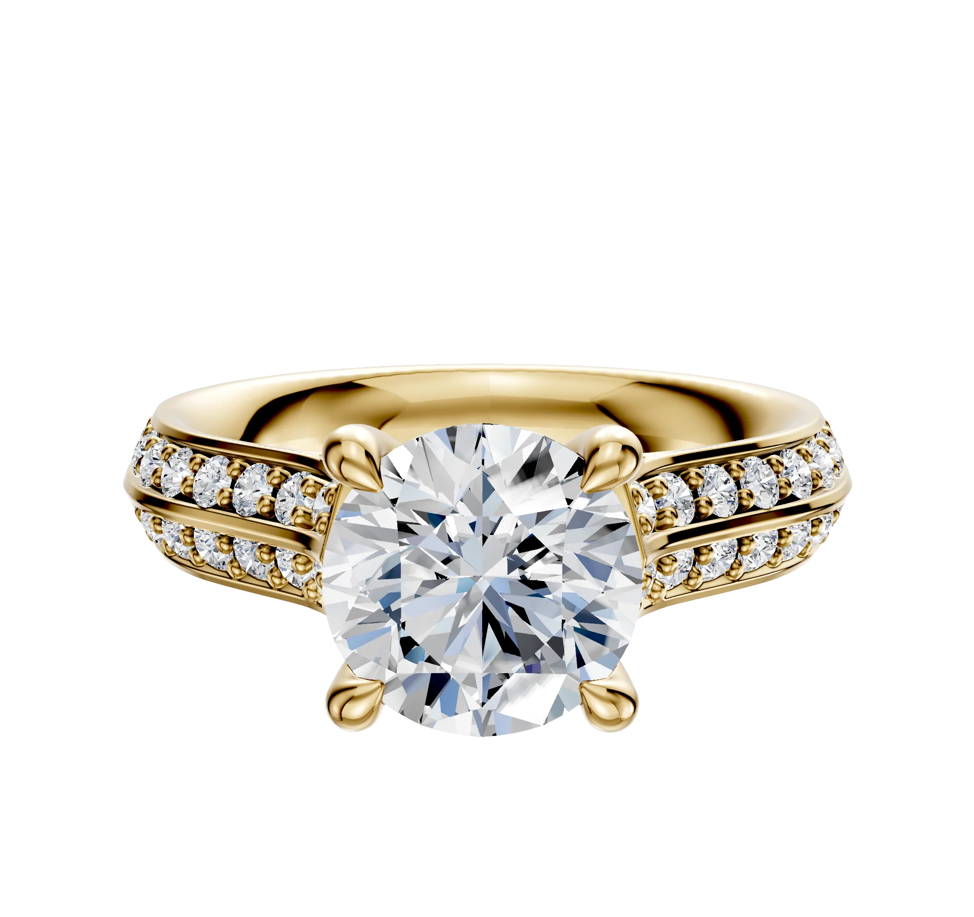 14K Yellow Gold 4 Prong Hidden Halo Cathedral Knife Edge 1-Row-Pave 2.5mm Engagement Ring