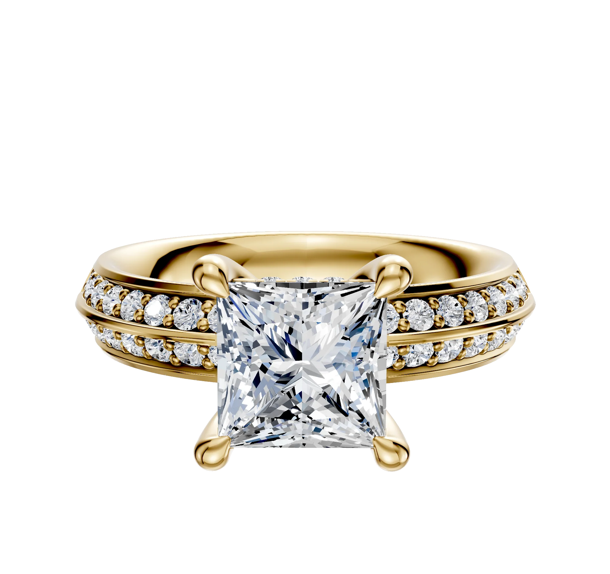 14K Yellow Gold 4 Prong Hidden Halo Classic Knife Edge 1-Row-Pave 2.5mm Engagement Ring