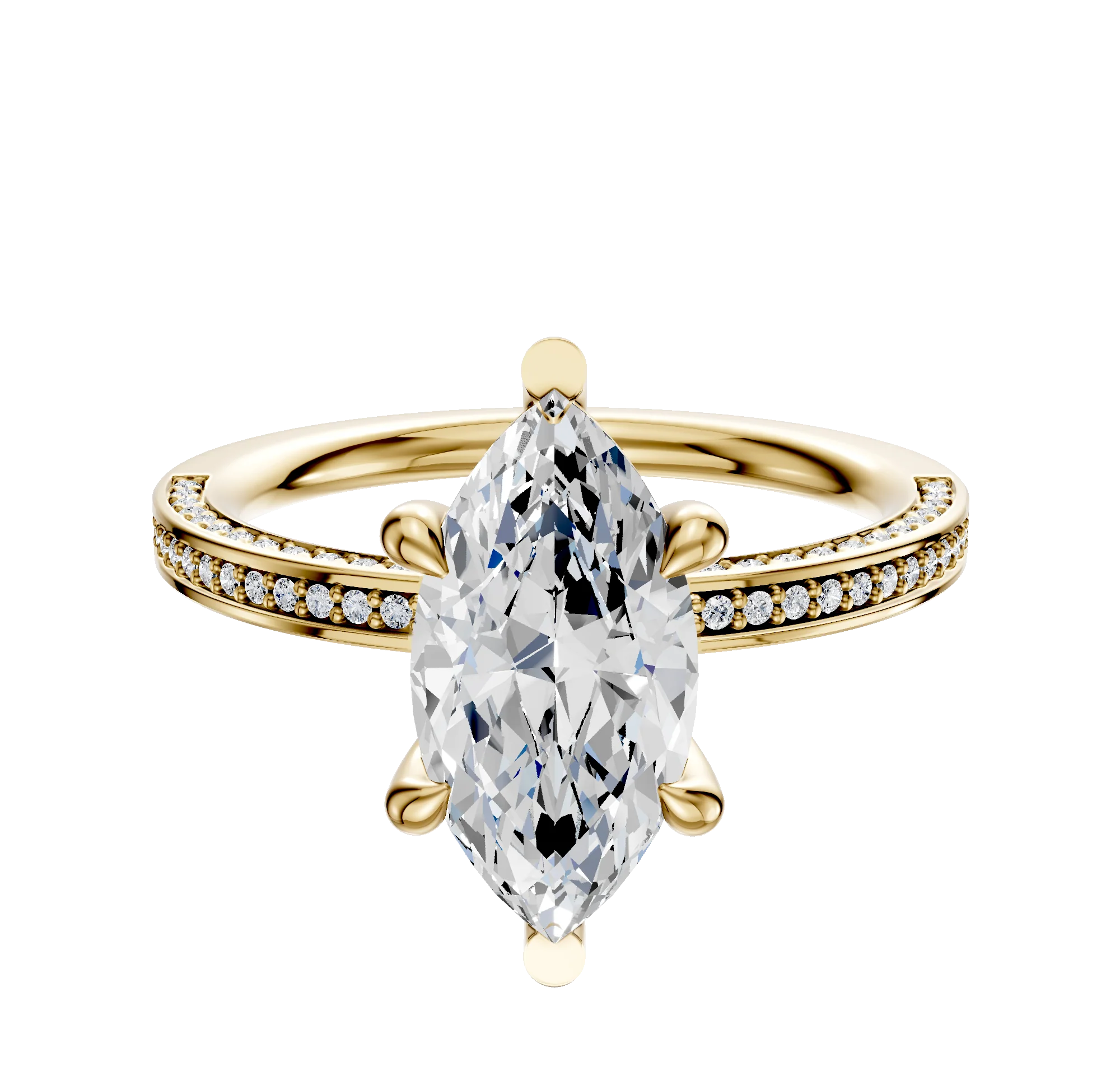 14K Yellow Gold 6 Prong Basket Classic Flat 3-Row-Pave 2.0mm Engagement Ring