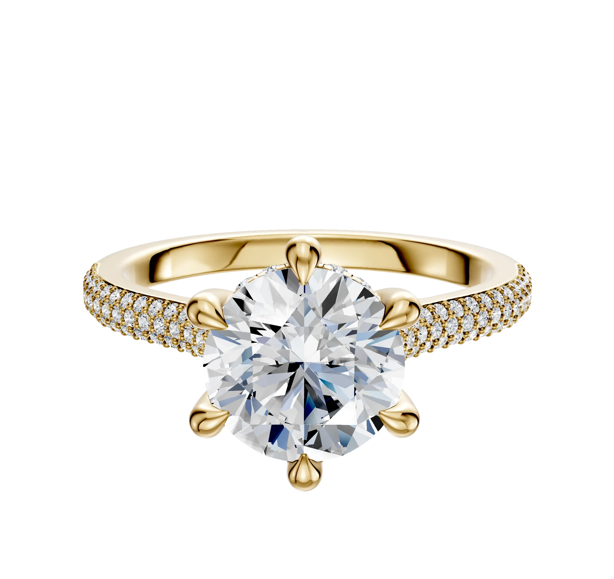 14K Yellow Gold 6 Prong Hidden Halo Cathedral Dome 3-Row-Pave 2.0mm Engagement Ring